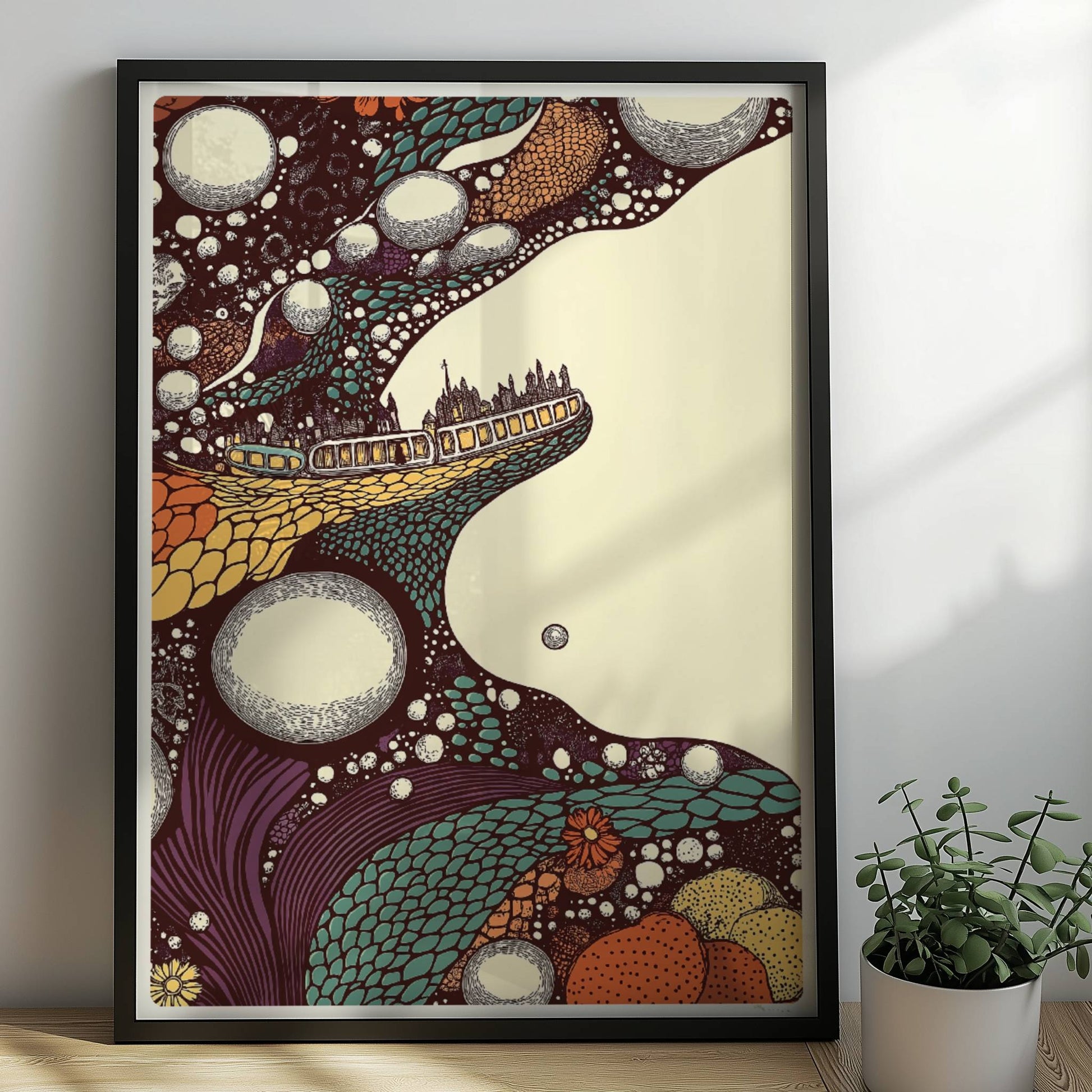 Biomorphe Fantasiereise mit Zug, weiche Formen und verträumte Farbverläufe. Rahmen schwarz 50x70