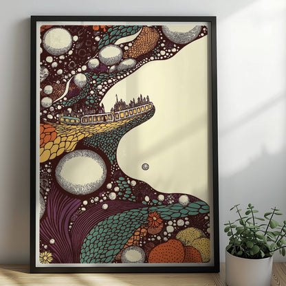 Biomorphe Fantasiereise mit Zug, weiche Formen und verträumte Farbverläufe. Rahmen schwarz 50x70