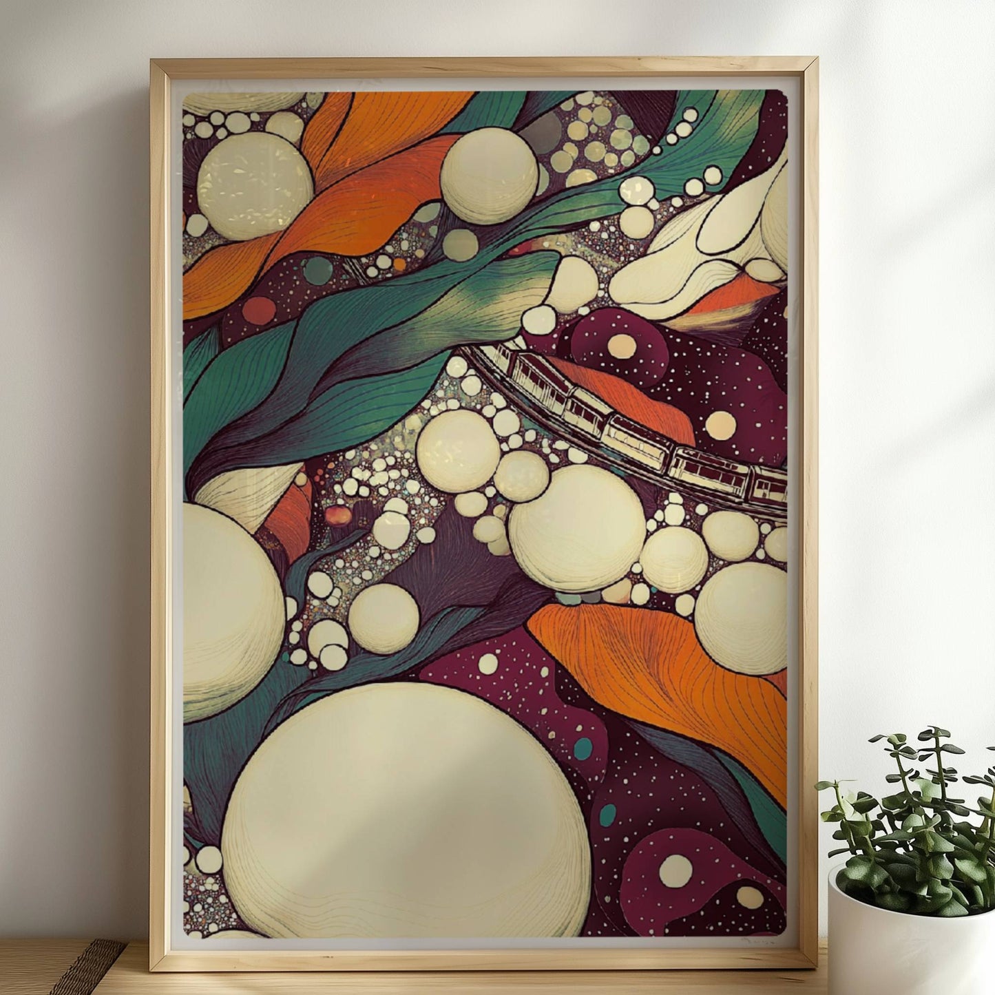 Parametrischer Zug in biomorphen Blasen, moderne abstrakte Komposition. Rahmen natur 50x70
