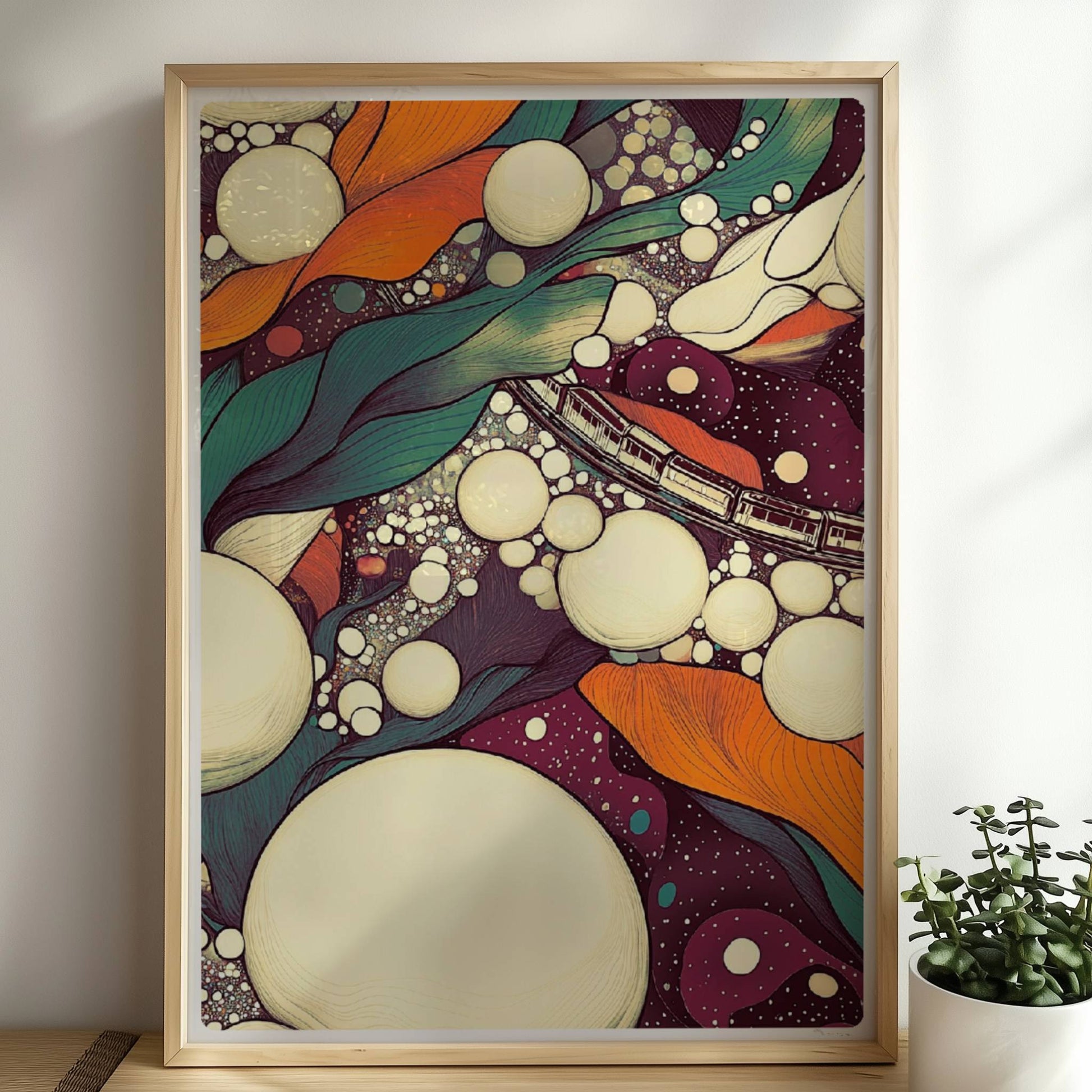 Parametrischer Zug in biomorphen Blasen, moderne abstrakte Komposition. Rahmen natur 50x70