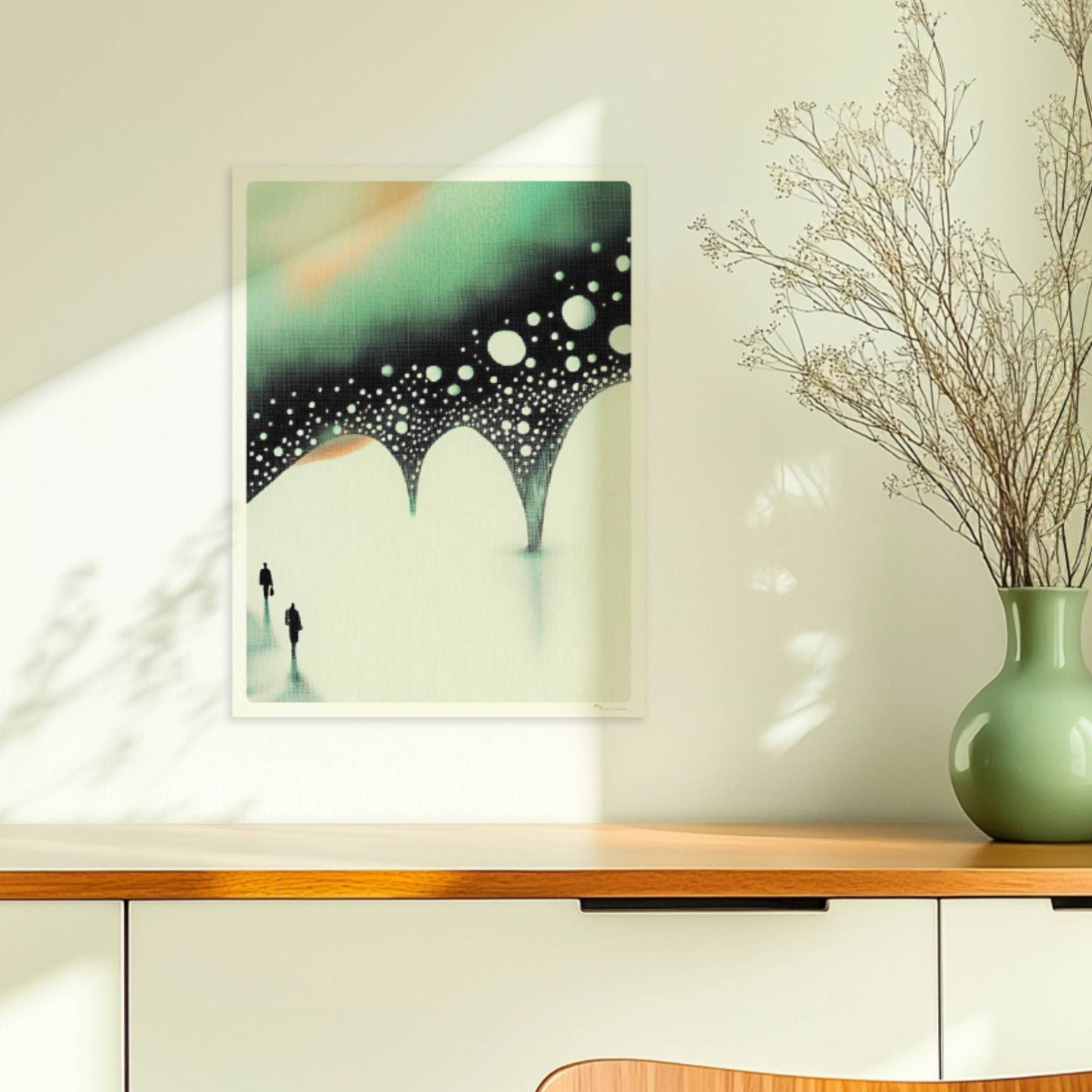 Minimalistische biomorphe Brücke, abstrakte Landschaft in gedeckten Tönen. Ohne Rahmen 30x40