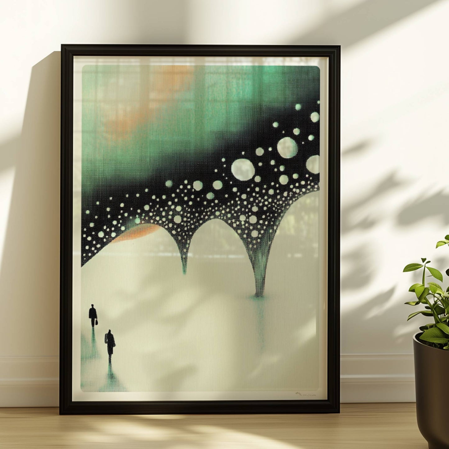 Minimalistische biomorphe Brücke, abstrakte Landschaft in gedeckten Tönen. Rahmen schwarz 30x40