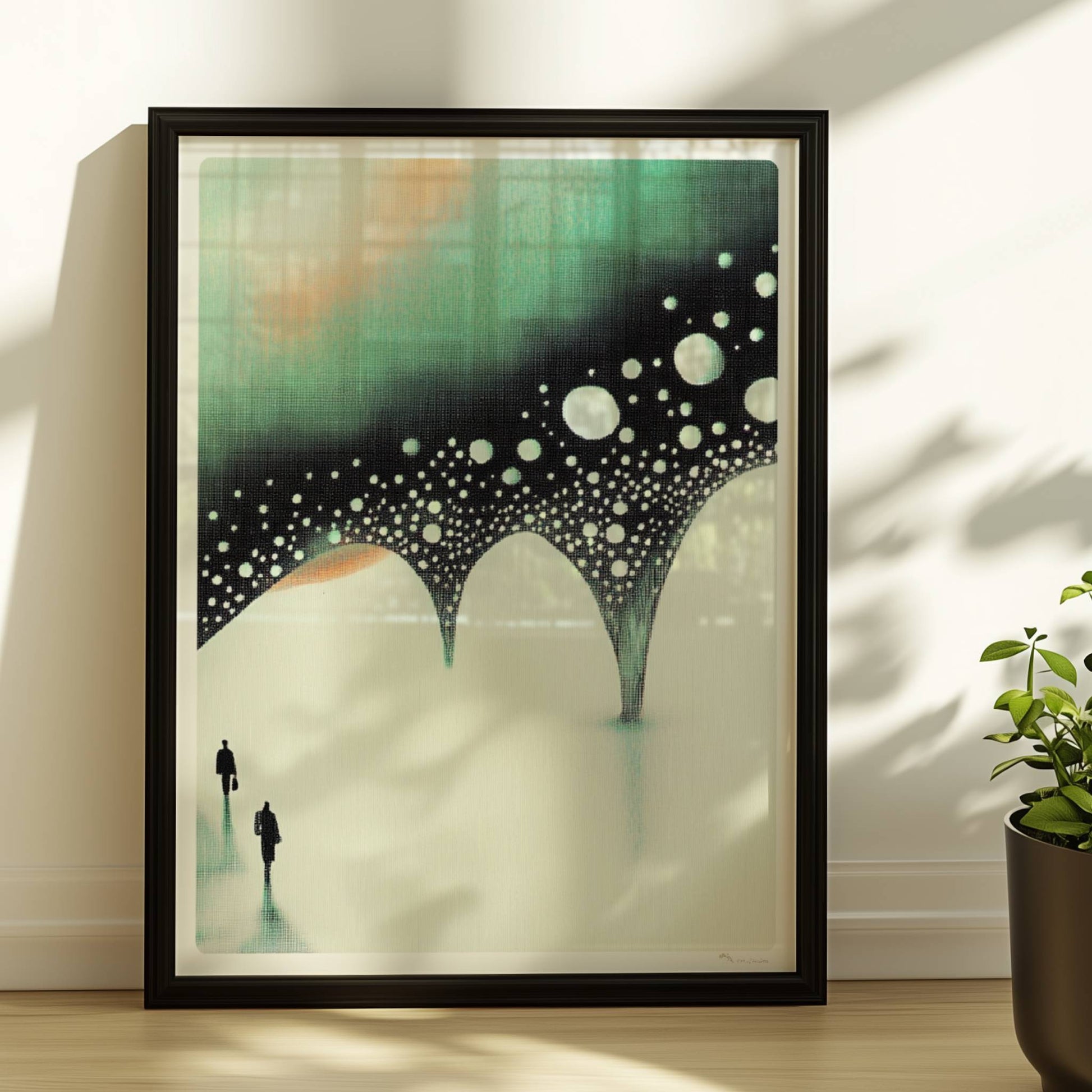 Minimalistische biomorphe Brücke, abstrakte Landschaft in gedeckten Tönen. Rahmen schwarz 30x40