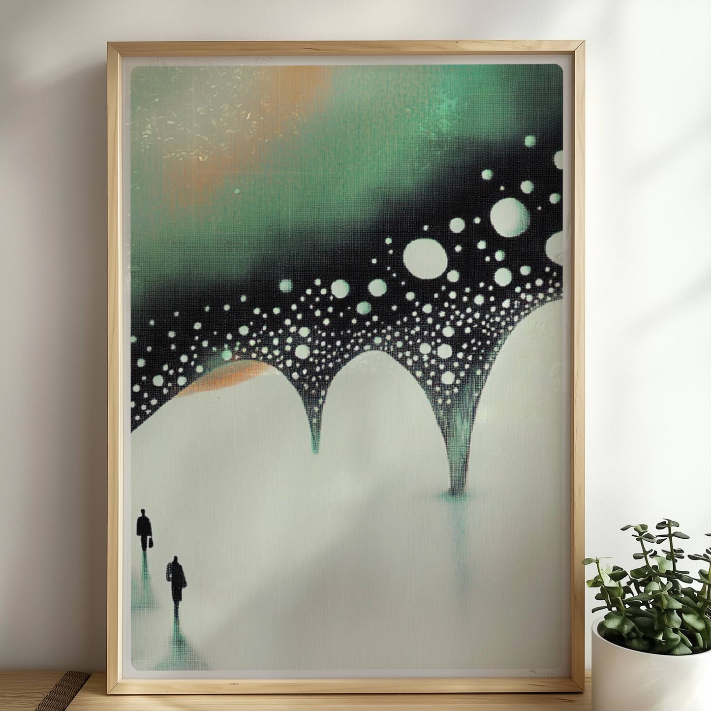 Minimalistische biomorphe Brücke, abstrakte Landschaft in gedeckten Tönen. Rahmen natur 50x70