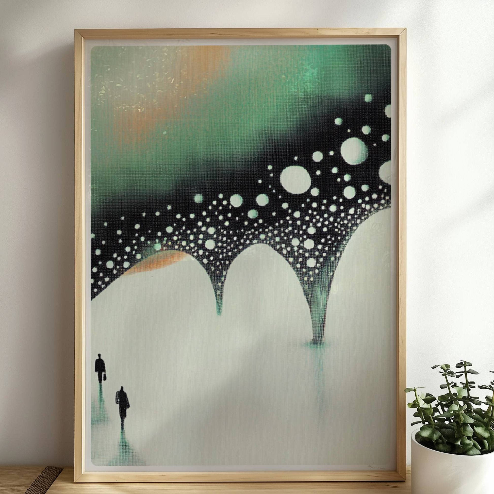 Minimalistische biomorphe Brücke, abstrakte Landschaft in gedeckten Tönen. Rahmen natur 50x70