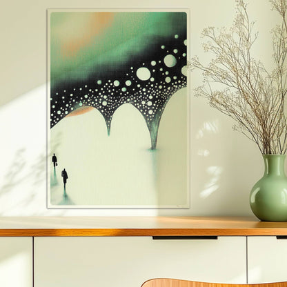 Minimalistische biomorphe Brücke, abstrakte Landschaft in gedeckten Tönen. Ohne Rahmen 50x70