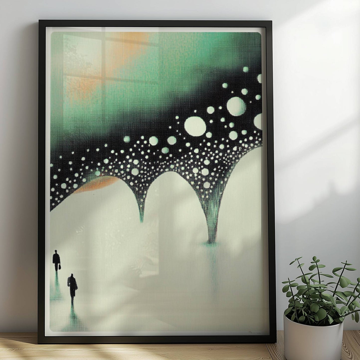 Minimalistische biomorphe Brücke, abstrakte Landschaft in gedeckten Tönen. Rahmen schwarz 50x70