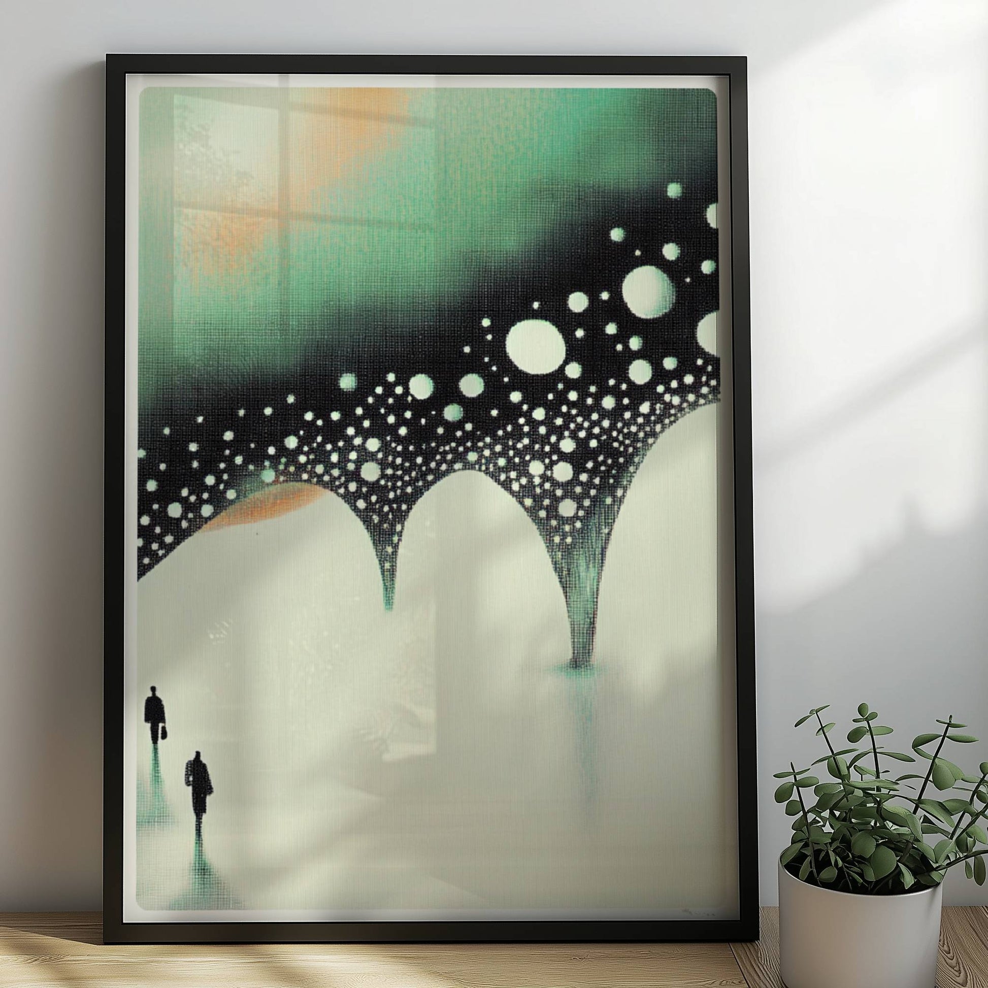 Minimalistische biomorphe Brücke, abstrakte Landschaft in gedeckten Tönen. Rahmen schwarz 50x70