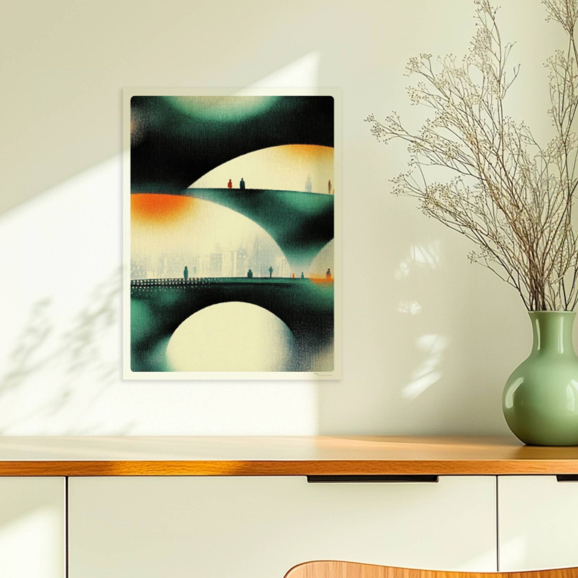 Minimalistische parametrische Stadtbrücke, abstrakte Linien und organische Strukturen. Ohne Rahmen 30x40