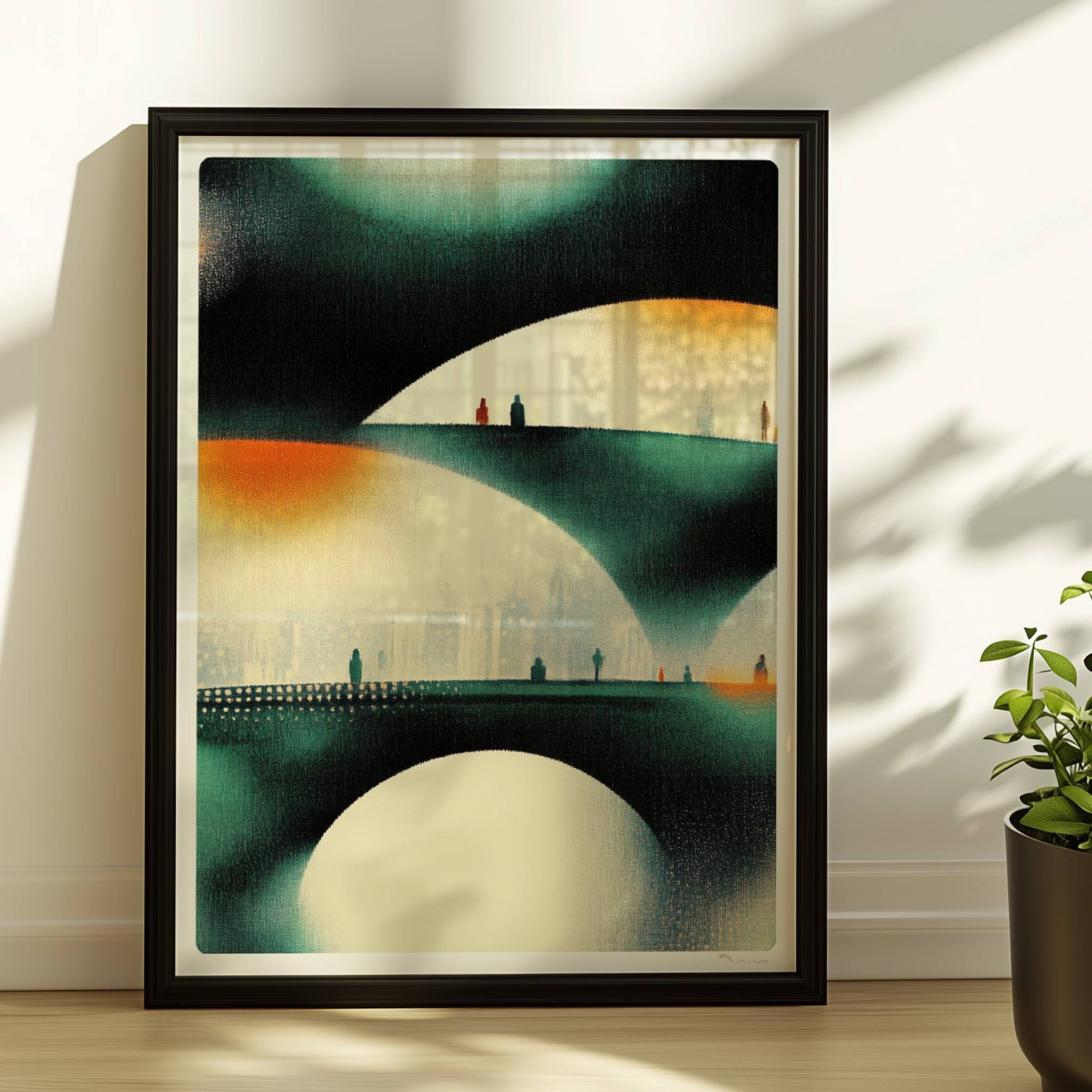 Minimalistische parametrische Stadtbrücke, abstrakte Linien und organische Strukturen. Rahmen schwarz 30x40