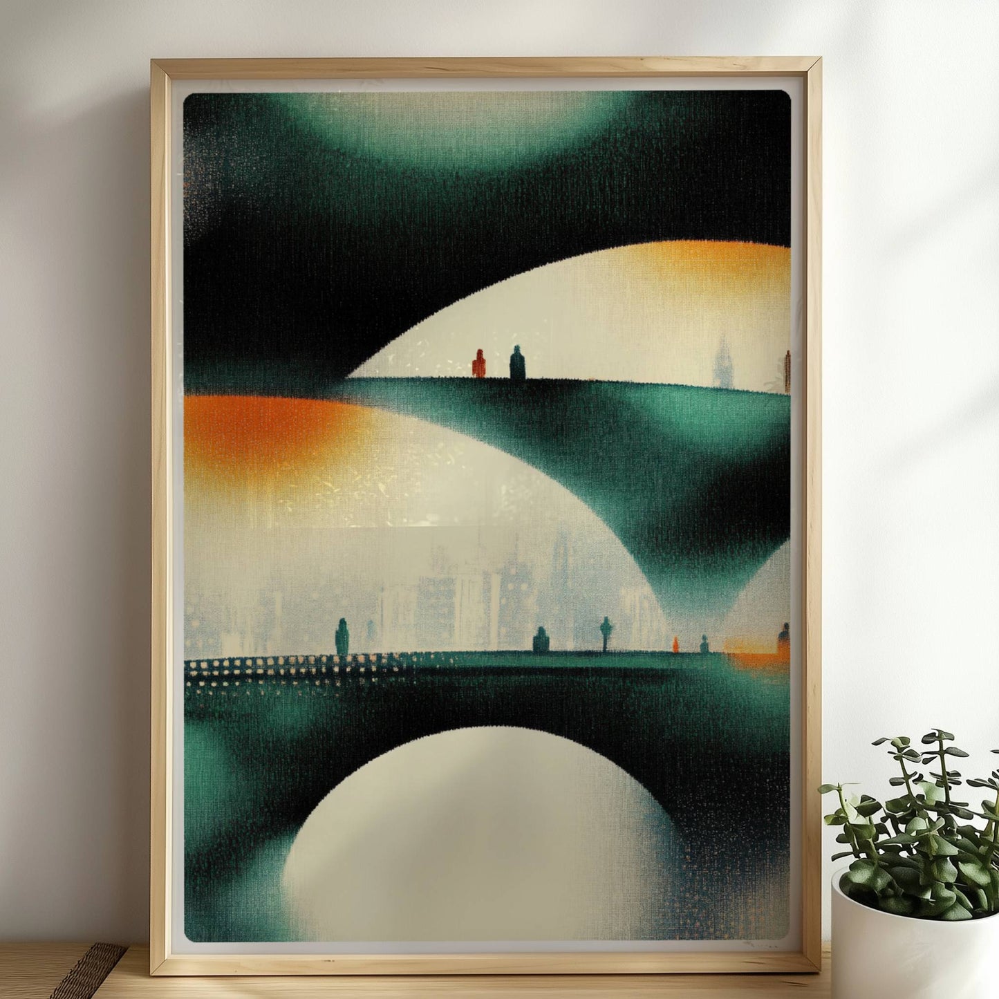 Minimalistische parametrische Stadtbrücke, abstrakte Linien und organische Strukturen. Rahmen natur 50x70