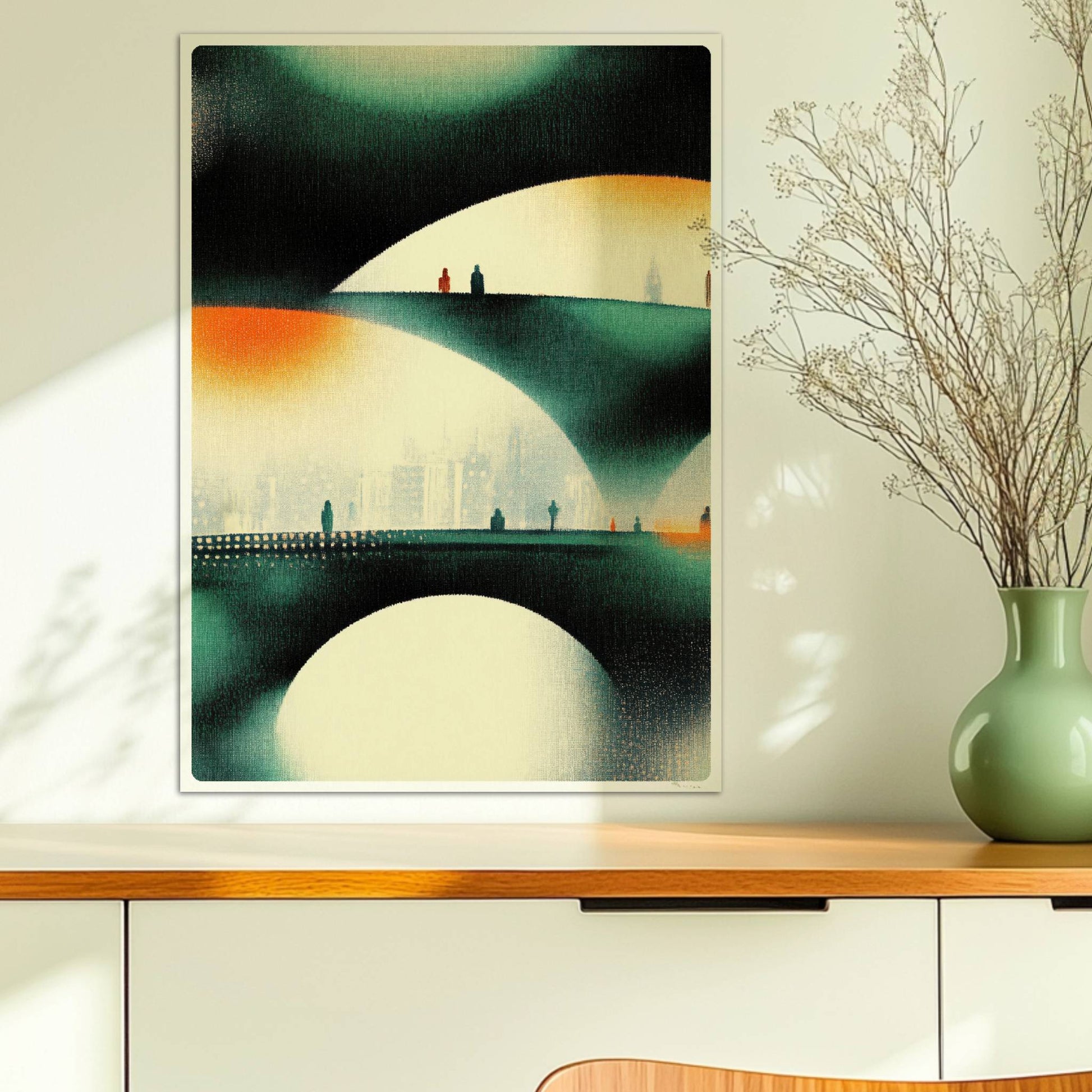 Minimalistische parametrische Stadtbrücke, abstrakte Linien und organische Strukturen. Ohne Rahmen 50x70