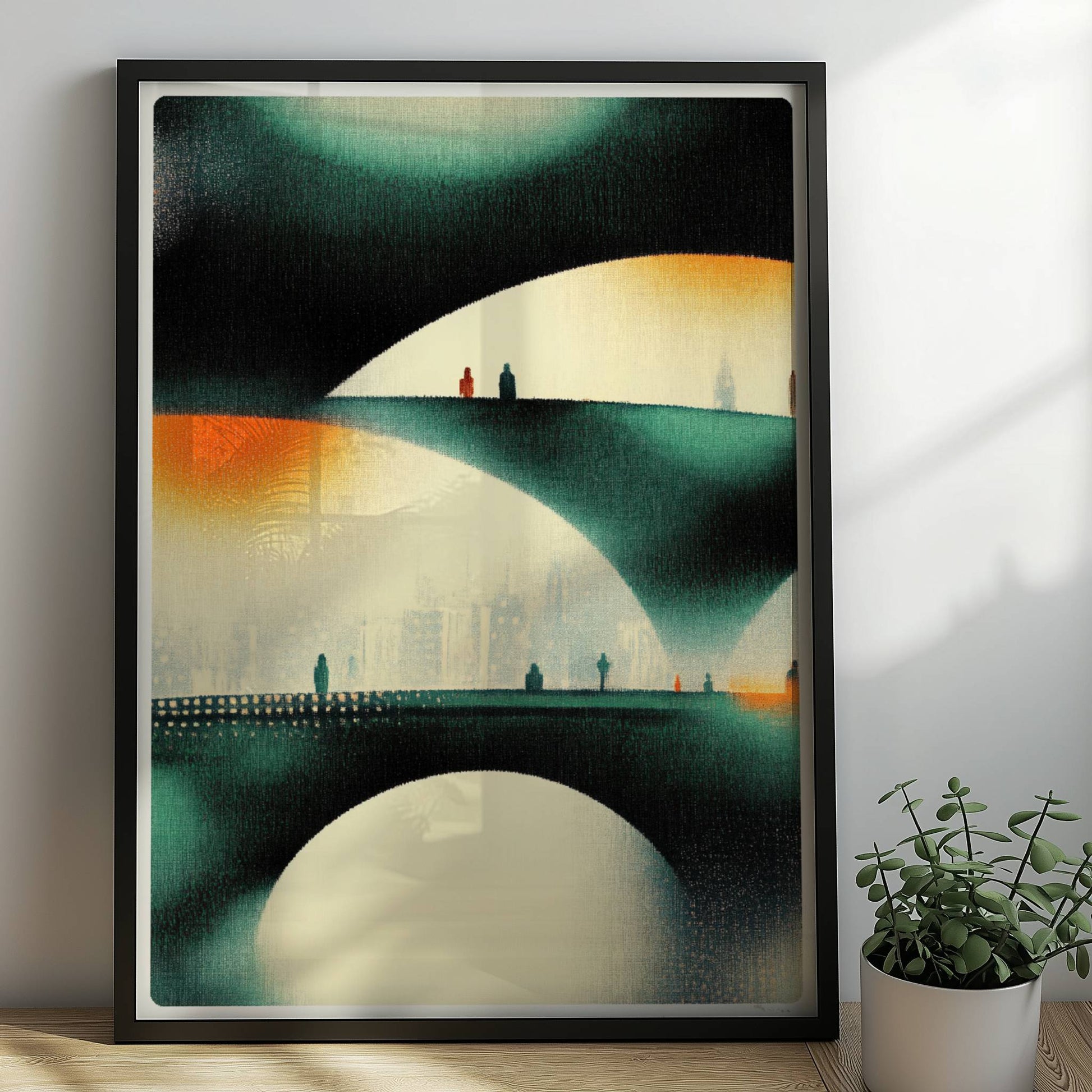 Minimalistische parametrische Stadtbrücke, abstrakte Linien und organische Strukturen. Rahmen schwarz 50x70