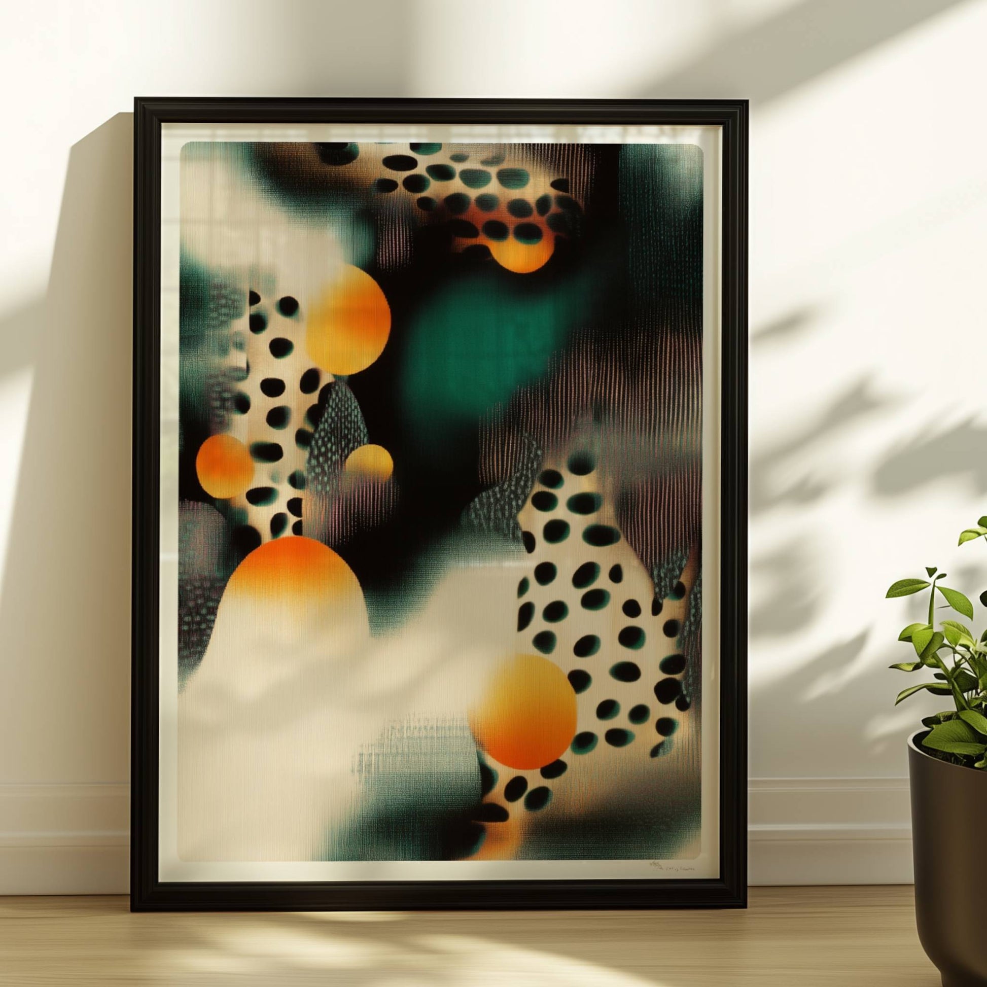Biomorphe parametrische Polka-Kunst, abstrakte Punkte und geschwungene Linien. Rahmen schwarz 30x40