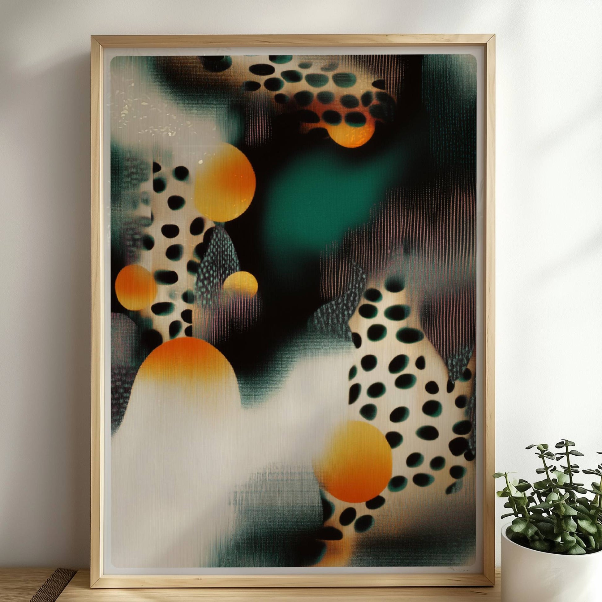 Biomorphe parametrische Polka-Kunst, abstrakte Punkte und geschwungene Linien. Rahmen natur 50x70