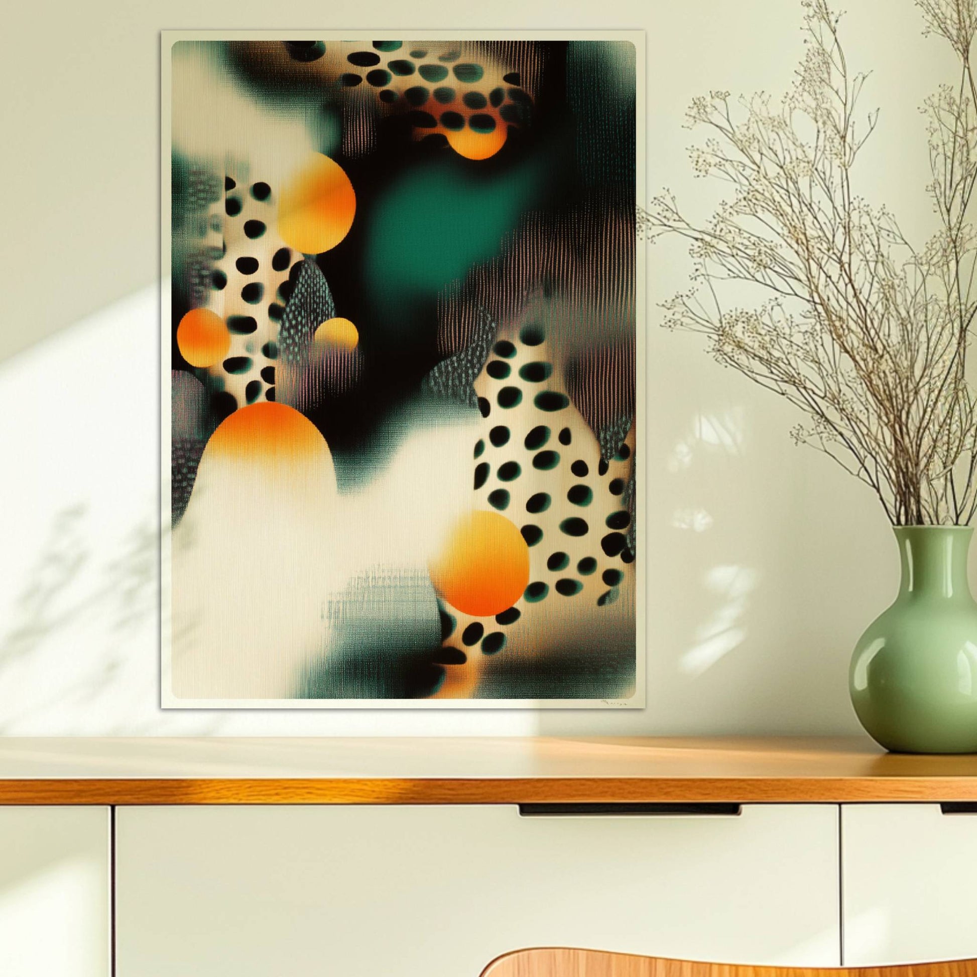 Biomorphe parametrische Polka-Kunst, abstrakte Punkte und geschwungene Linien. Ohne Rahmen 50x70