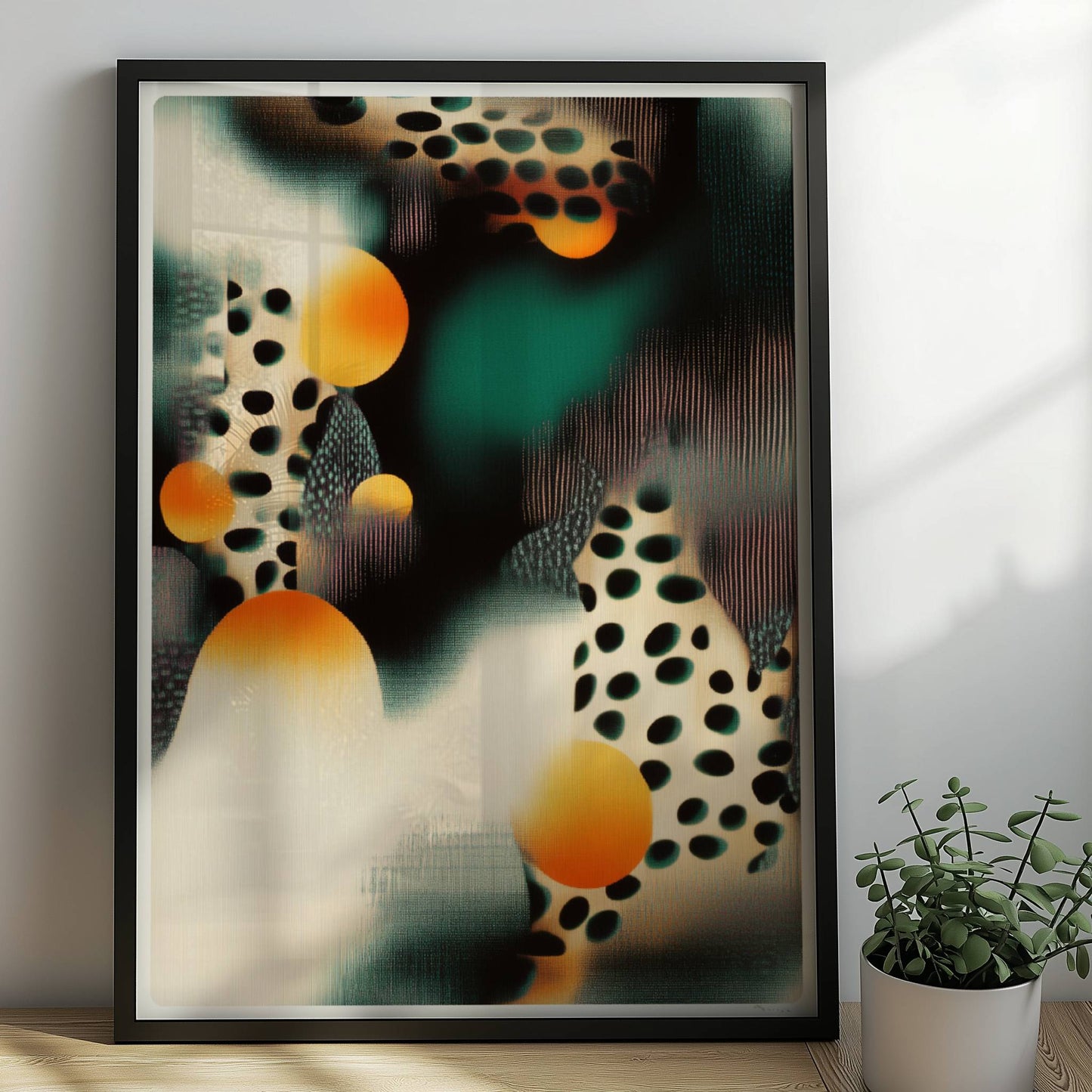 Biomorphe parametrische Polka-Kunst, abstrakte Punkte und geschwungene Linien. Rahmen schwarz 50x70