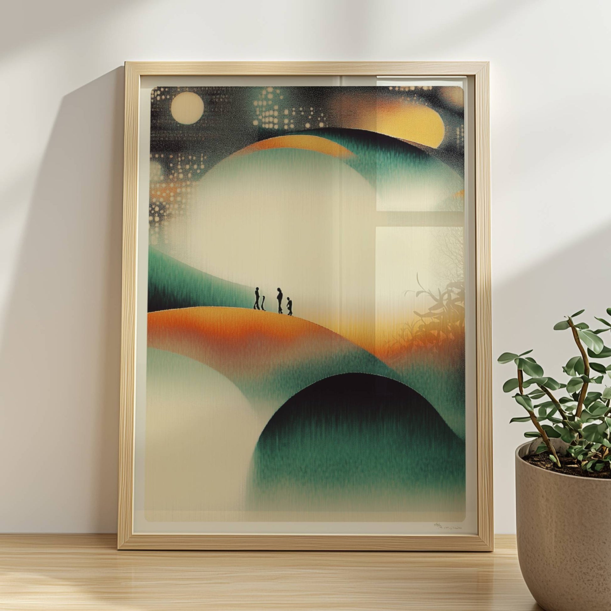 Minimalistische leuchtende Hügel-Landschaft, organische Konturen mit Lichtspiel. Rahmen natur 30x40