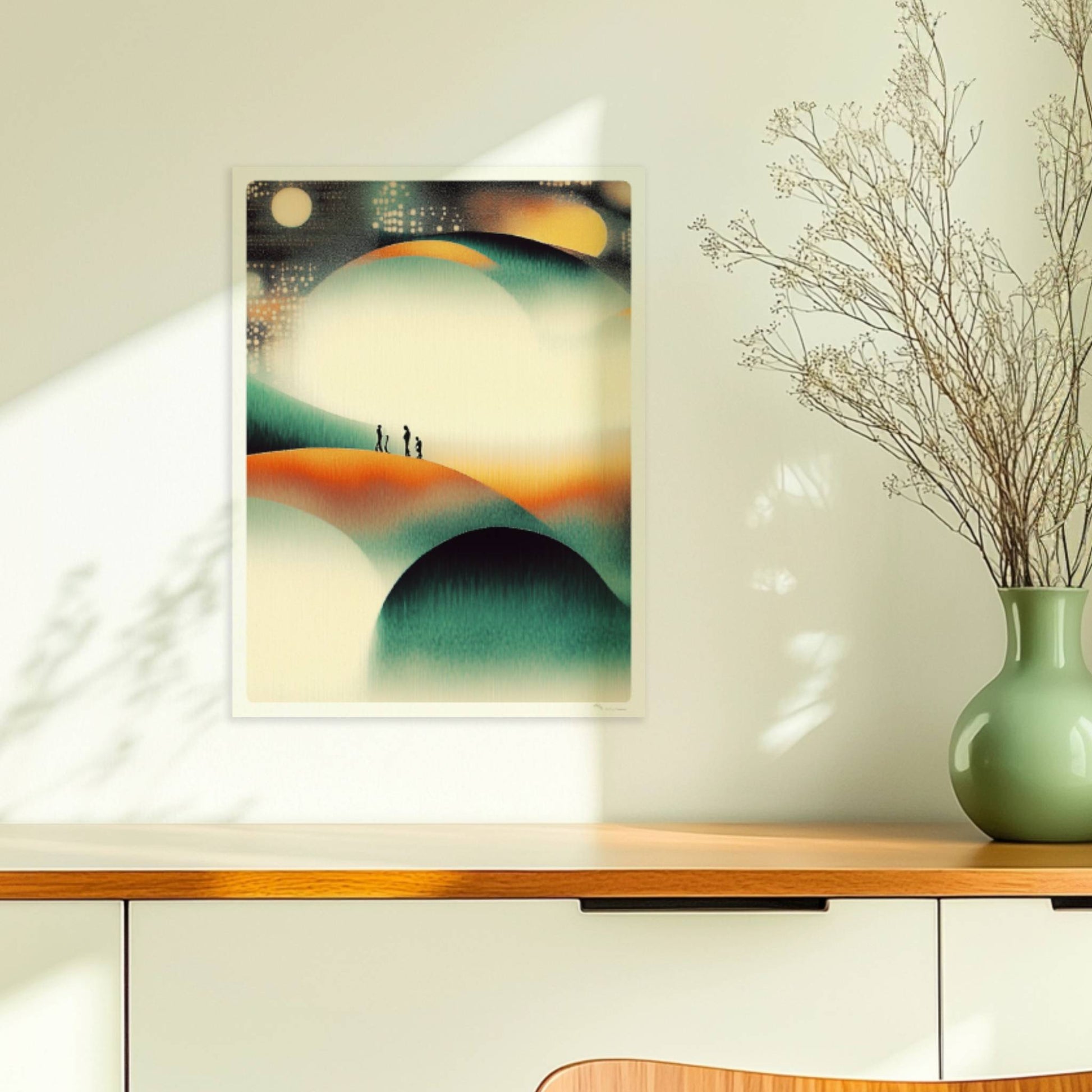 Minimalistische leuchtende Hügel-Landschaft, organische Konturen mit Lichtspiel. Ohne Rahmen 30x40