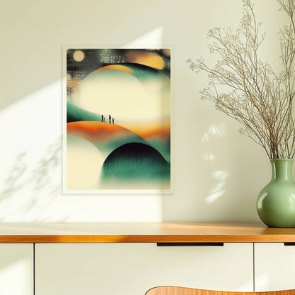 Minimalistische leuchtende Hügel-Landschaft, organische Konturen mit Lichtspiel. Ohne Rahmen 30x40