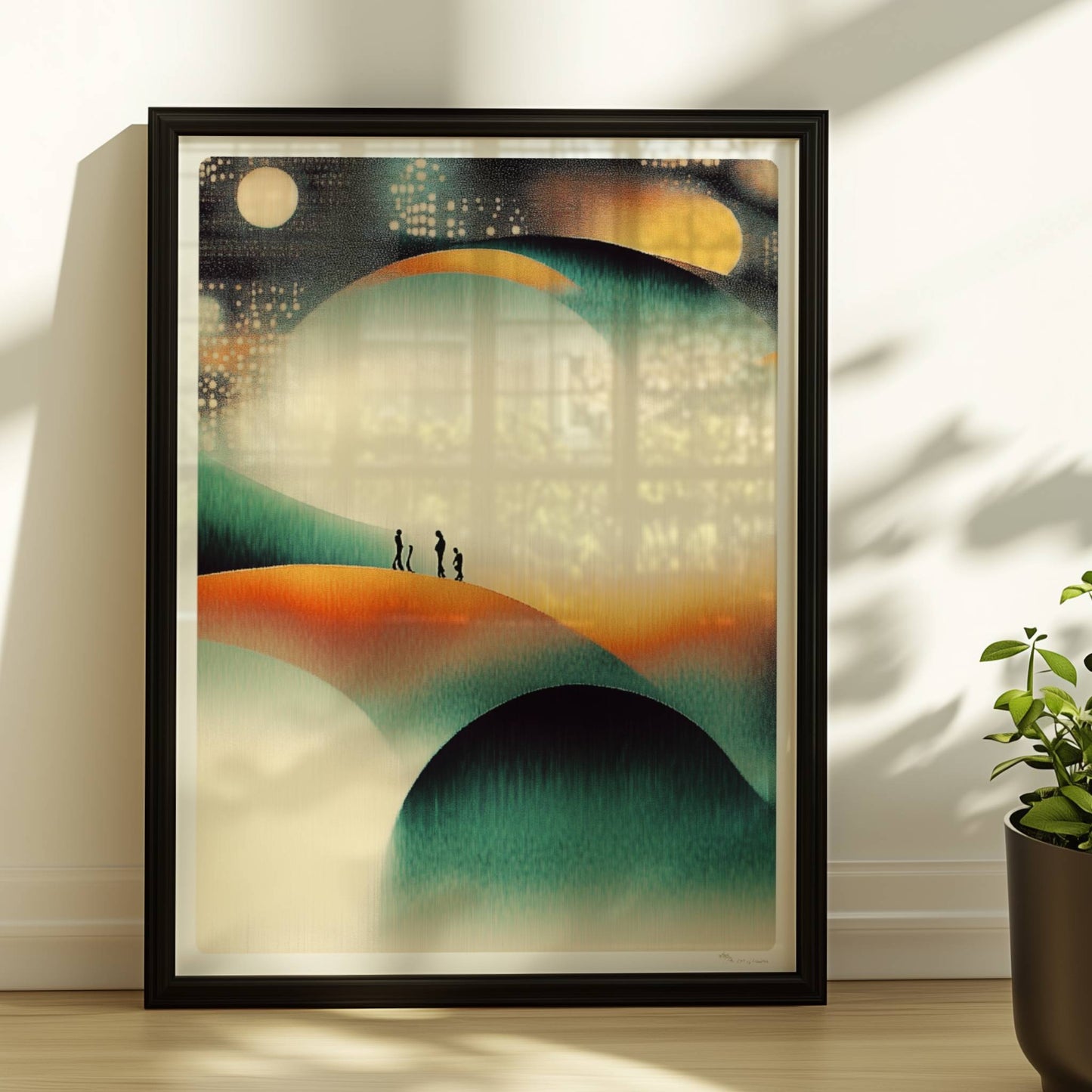 Minimalistische leuchtende Hügel-Landschaft, organische Konturen mit Lichtspiel. Rahmen schwarz 30x40
