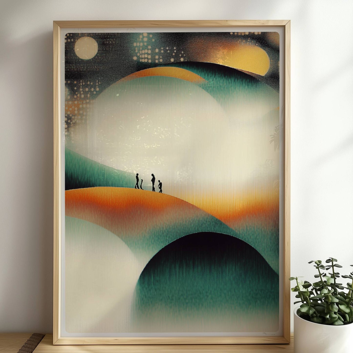 Minimalistische leuchtende Hügel-Landschaft, organische Konturen mit Lichtspiel. Rahmen natur 50x70