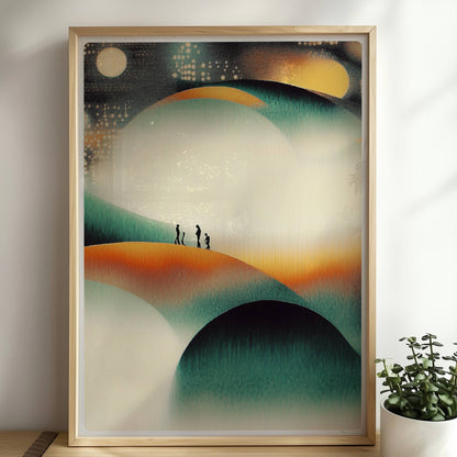 Minimalistische leuchtende Hügel-Landschaft, organische Konturen mit Lichtspiel. Rahmen natur 50x70