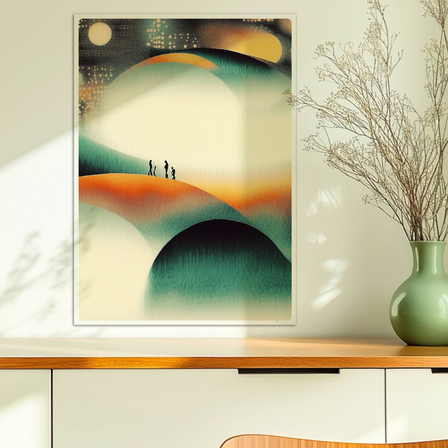 Minimalistische leuchtende Hügel-Landschaft, organische Konturen mit Lichtspiel. Ohne Rahmen 50x70