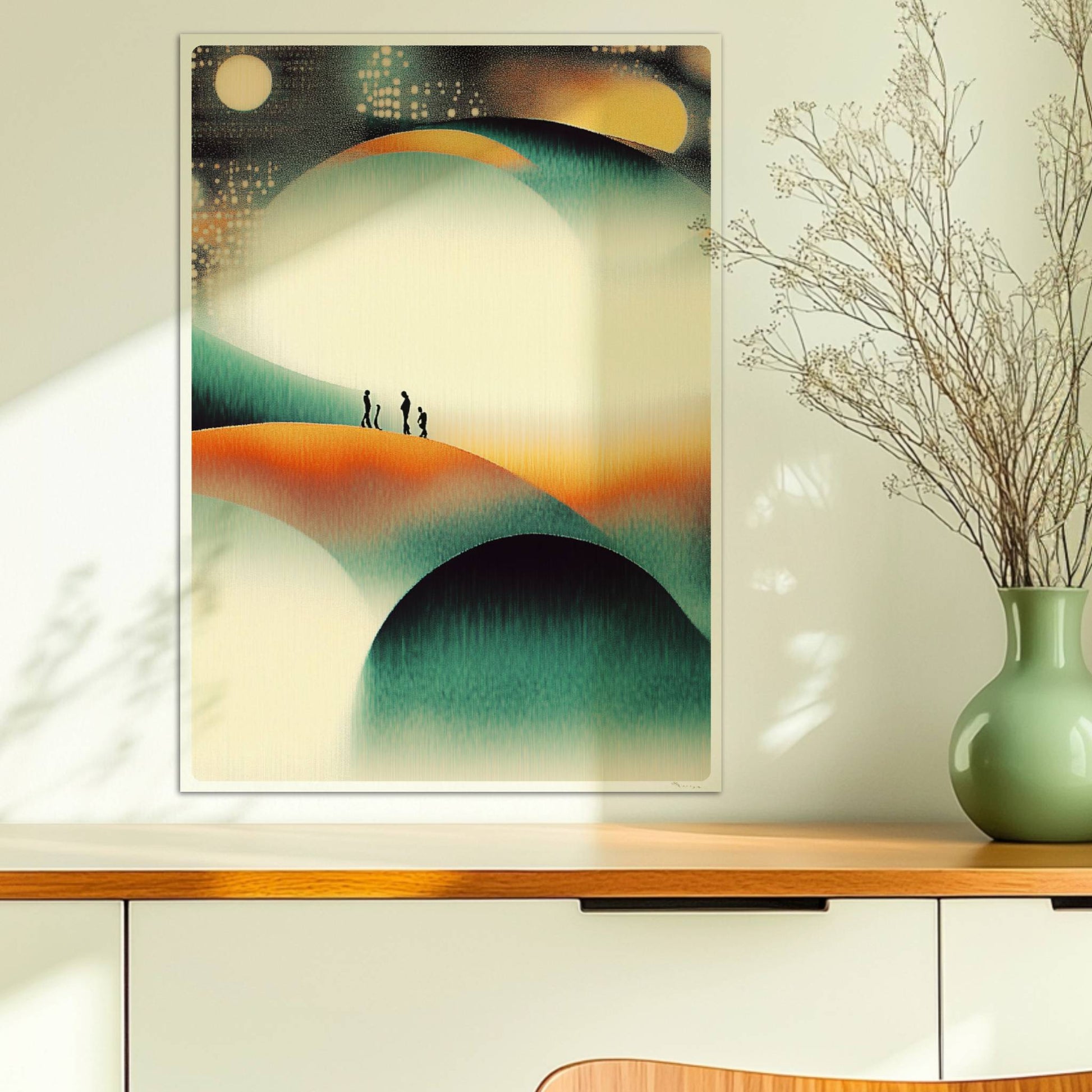 Minimalistische leuchtende Hügel-Landschaft, organische Konturen mit Lichtspiel. Ohne Rahmen 50x70
