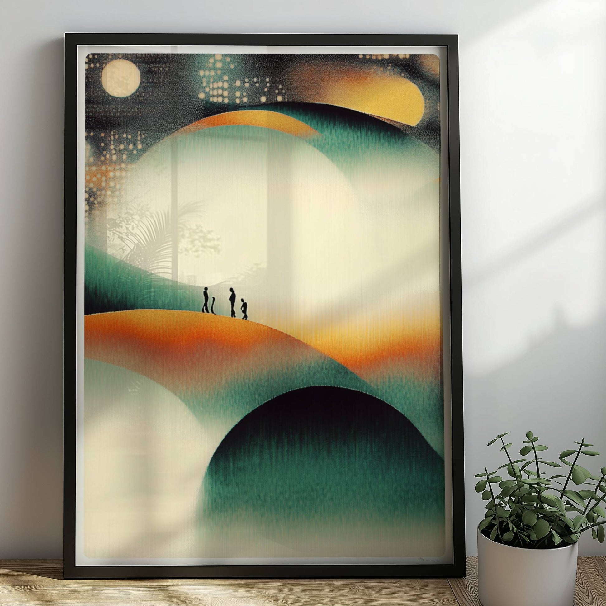 Minimalistische leuchtende Hügel-Landschaft, organische Konturen mit Lichtspiel. Rahmen schwarz 50x70