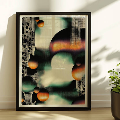 Parametrisches Polka-Dot-Grid, grafische Punkte in geometrischer Anordnung. Rahmen schwarz 30x40
