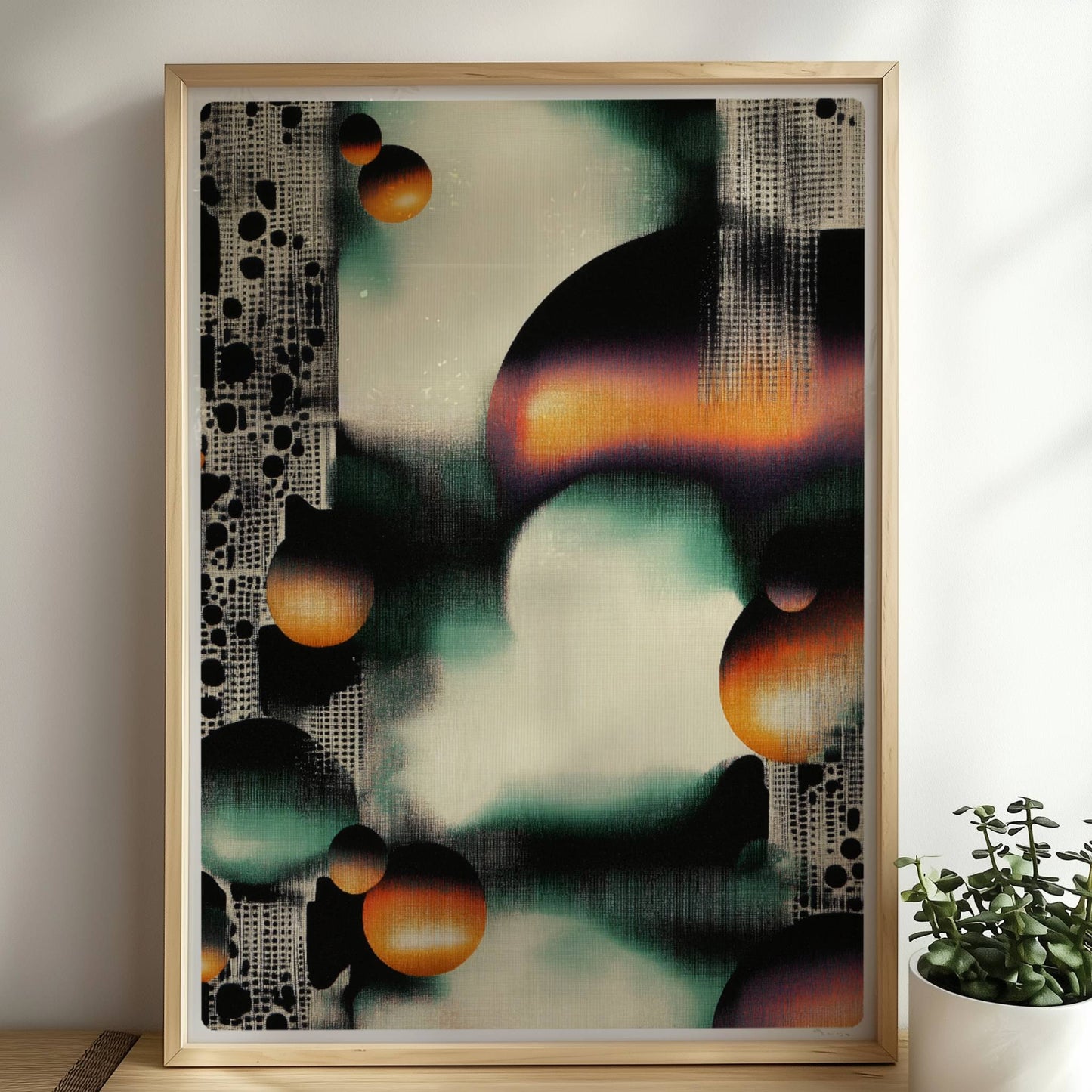 Parametrisches Polka-Dot-Grid, grafische Punkte in geometrischer Anordnung. Rahmen natur 50x70