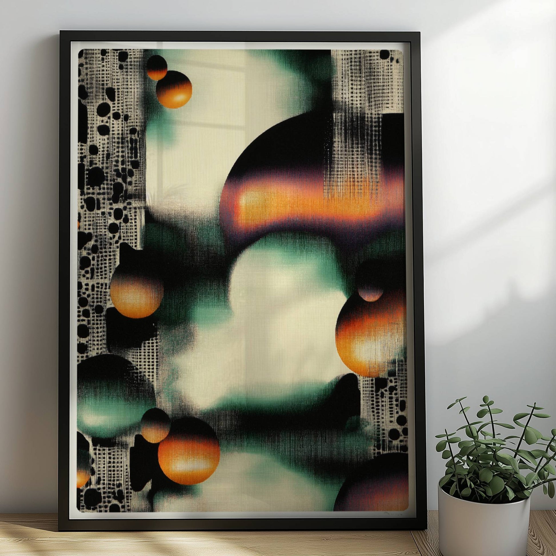 Parametrisches Polka-Dot-Grid, grafische Punkte in geometrischer Anordnung. Rahmen schwarz 50x70