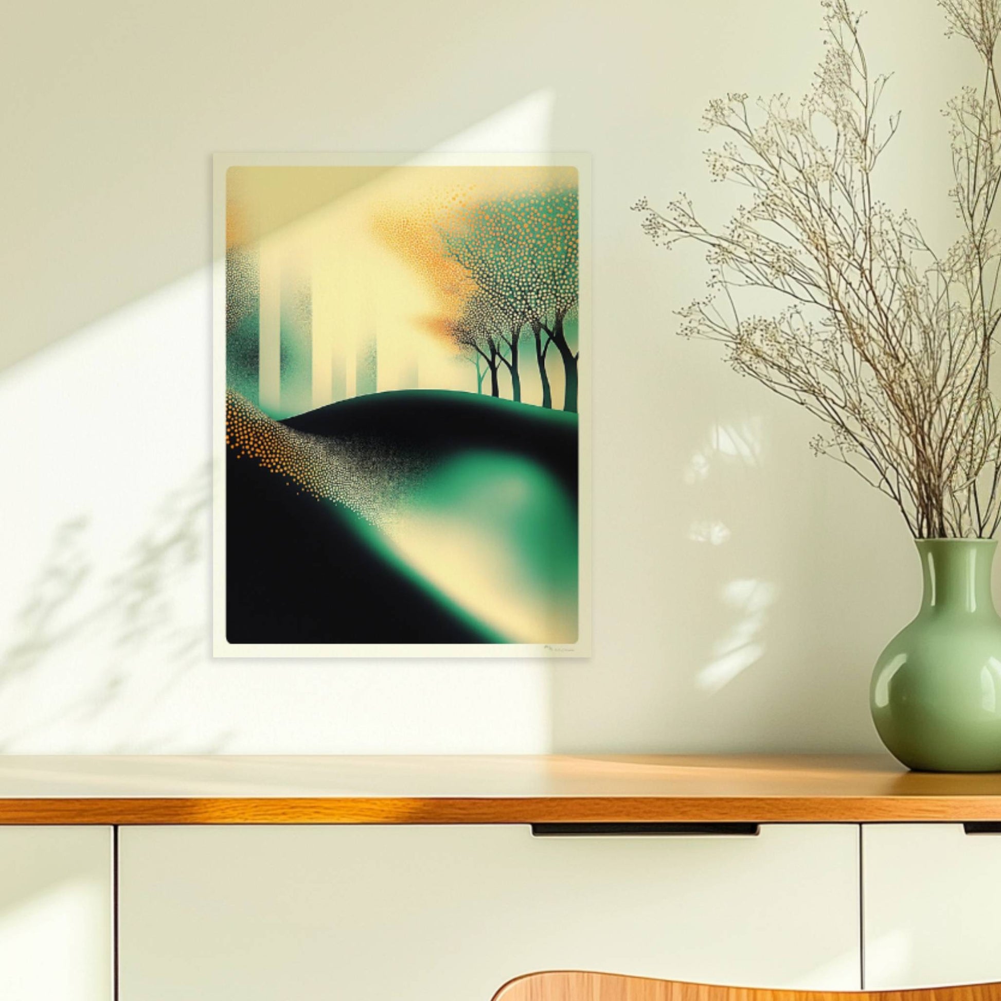Minimalistische leuchtende Waldlandschaft, abstrakte Bäume mit Lichtakzenten. Ohne Rahmen 30x40