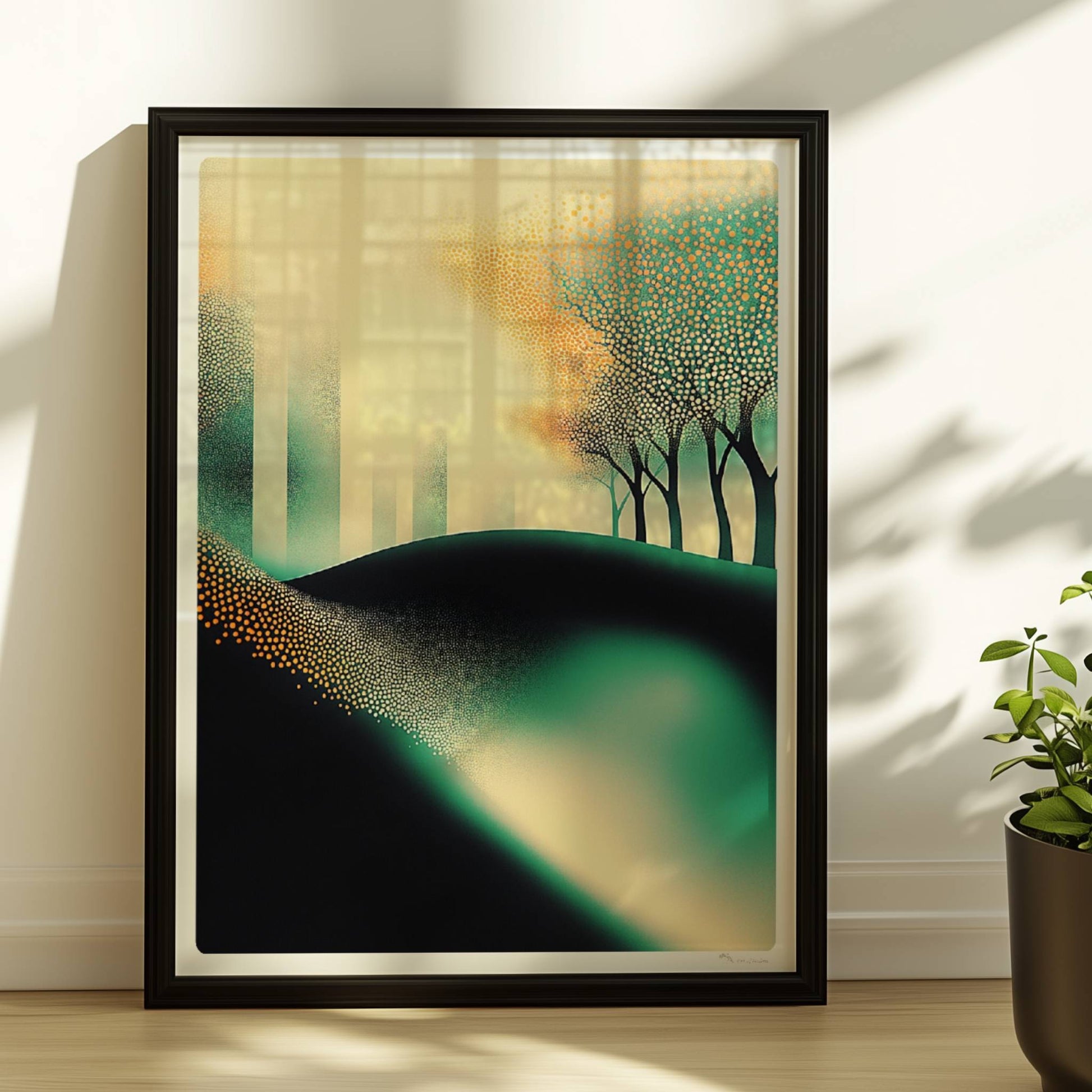 Minimalistische leuchtende Waldlandschaft, abstrakte Bäume mit Lichtakzenten. Rahmen schwarz 30x40