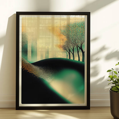 Minimalistische leuchtende Waldlandschaft, abstrakte Bäume mit Lichtakzenten. Rahmen schwarz 30x40