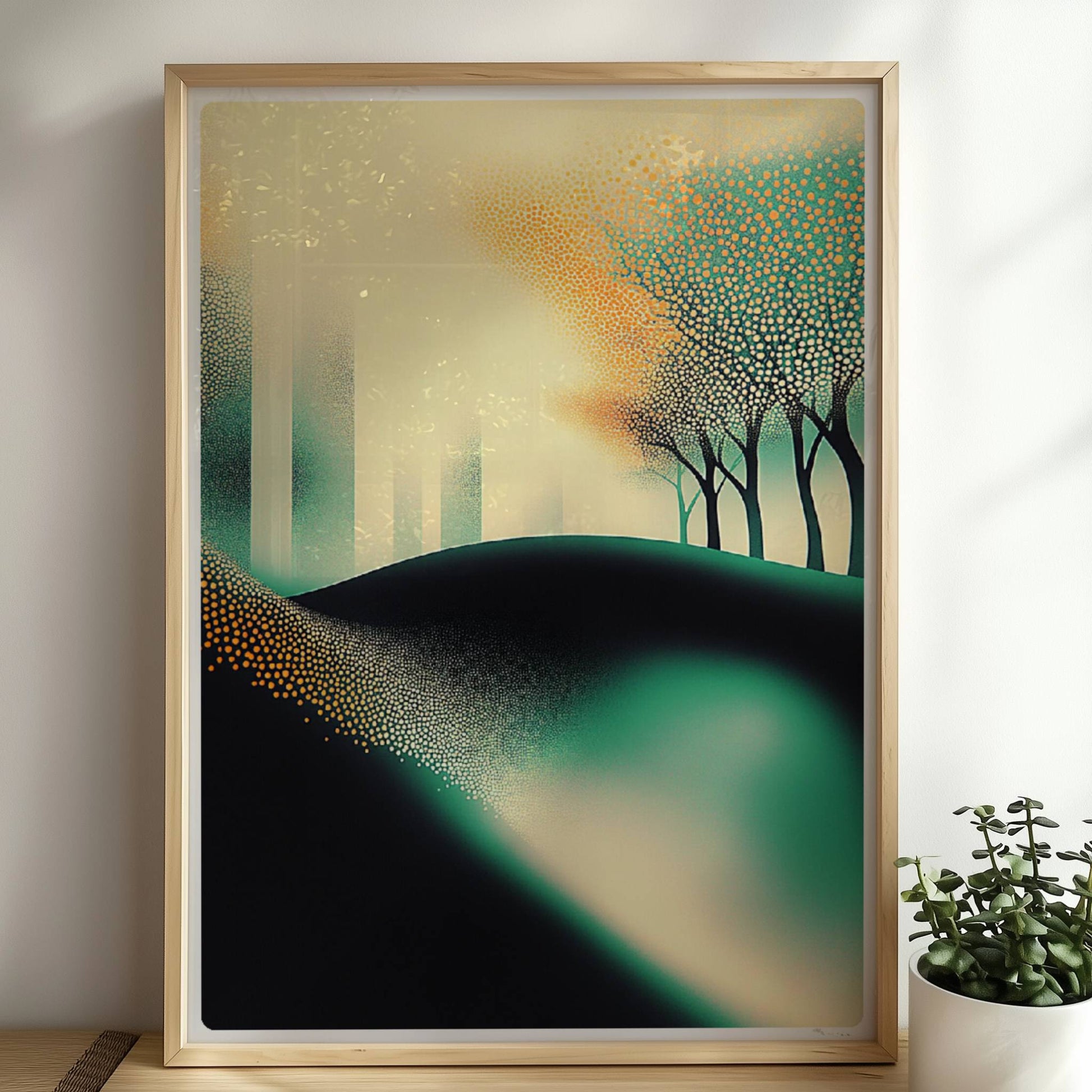 Minimalistische leuchtende Waldlandschaft, abstrakte Bäume mit Lichtakzenten. Rahmen natur 50x70
