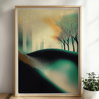 Minimalistische leuchtende Waldlandschaft, abstrakte Bäume mit Lichtakzenten. Rahmen natur 50x70