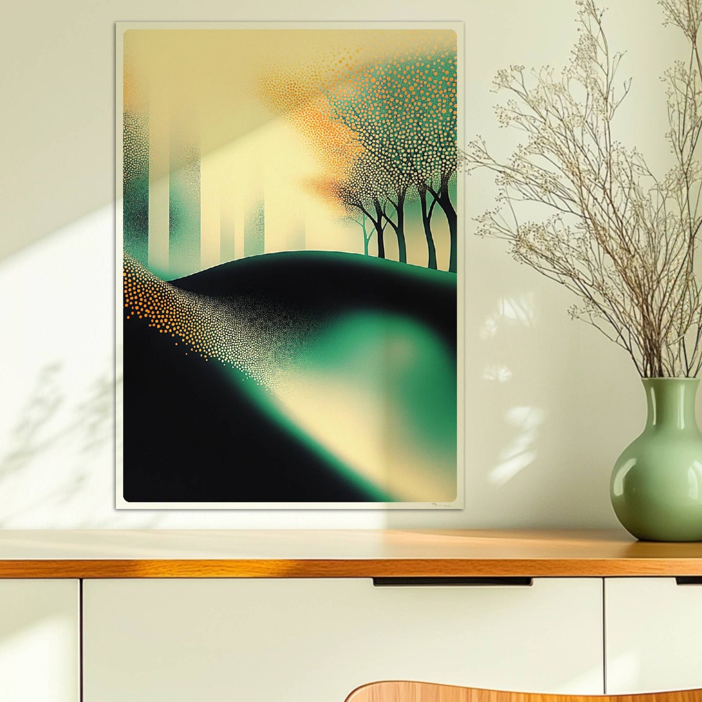 Minimalistische leuchtende Waldlandschaft, abstrakte Bäume mit Lichtakzenten. Ohne Rahmen 50x70