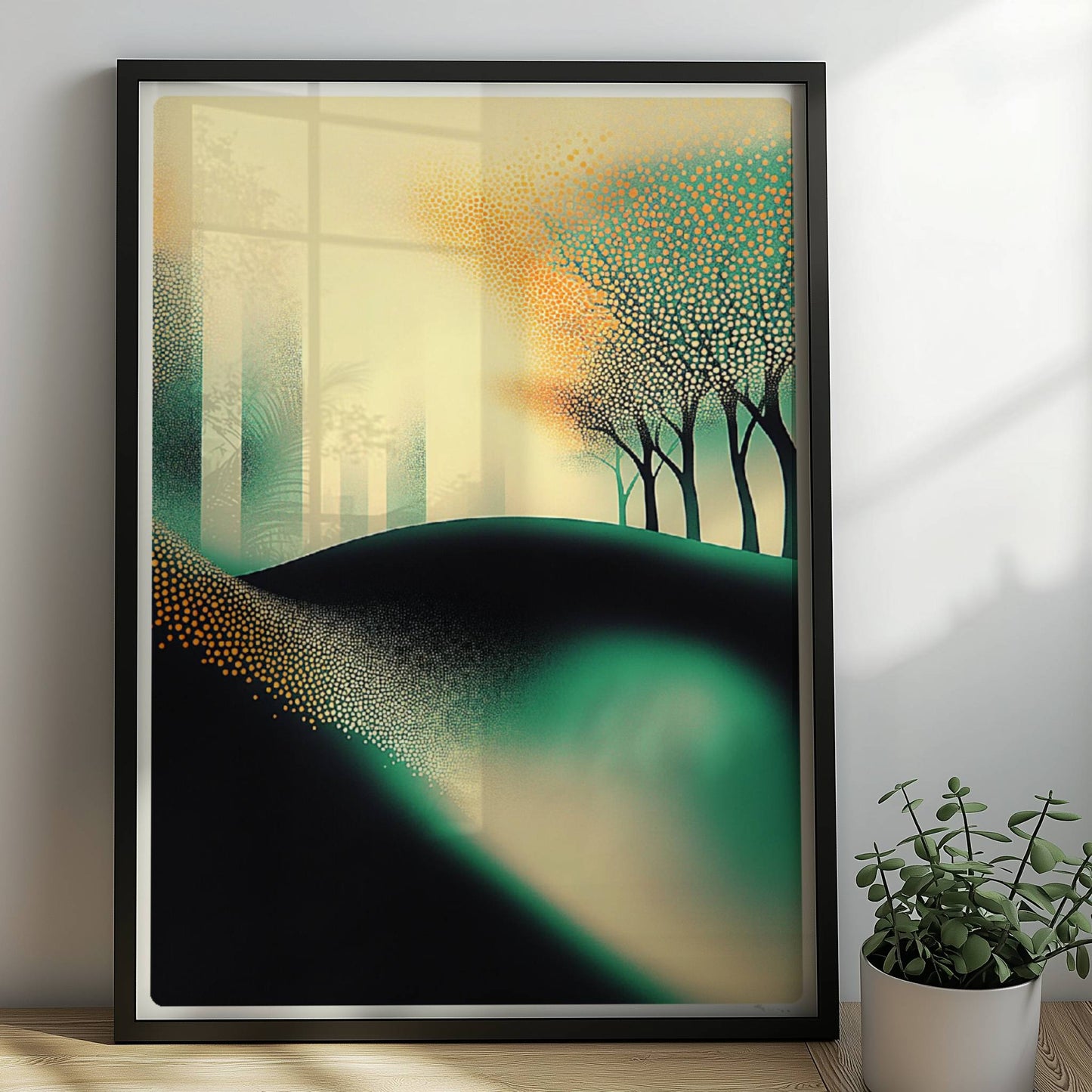 Minimalistische leuchtende Waldlandschaft, abstrakte Bäume mit Lichtakzenten. Rahmen schwarz 50x70