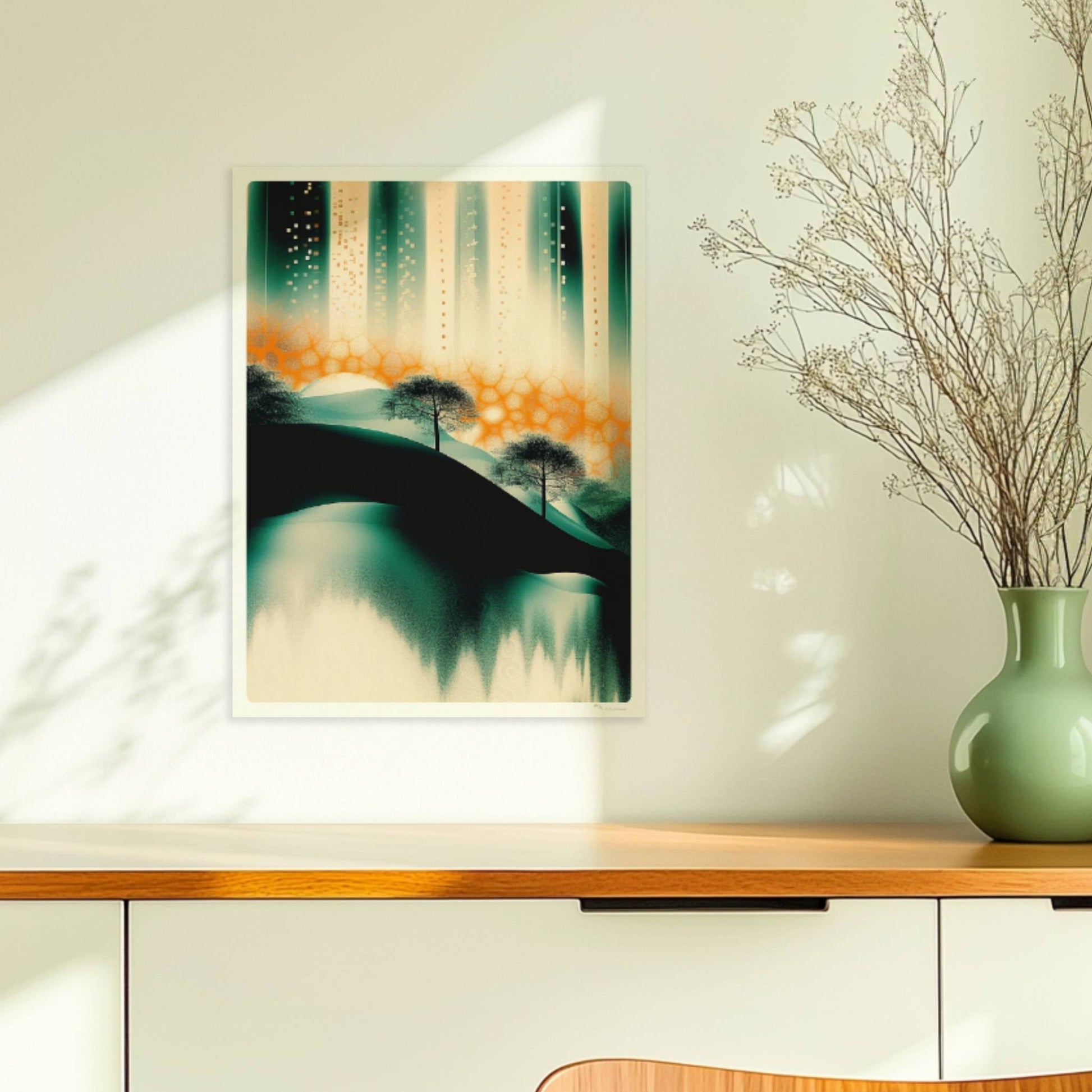 Futuristische urbane Oasenlandschaft, moderne Stadtansicht mit organischen Elementen. Ohne Rahmen 30x40