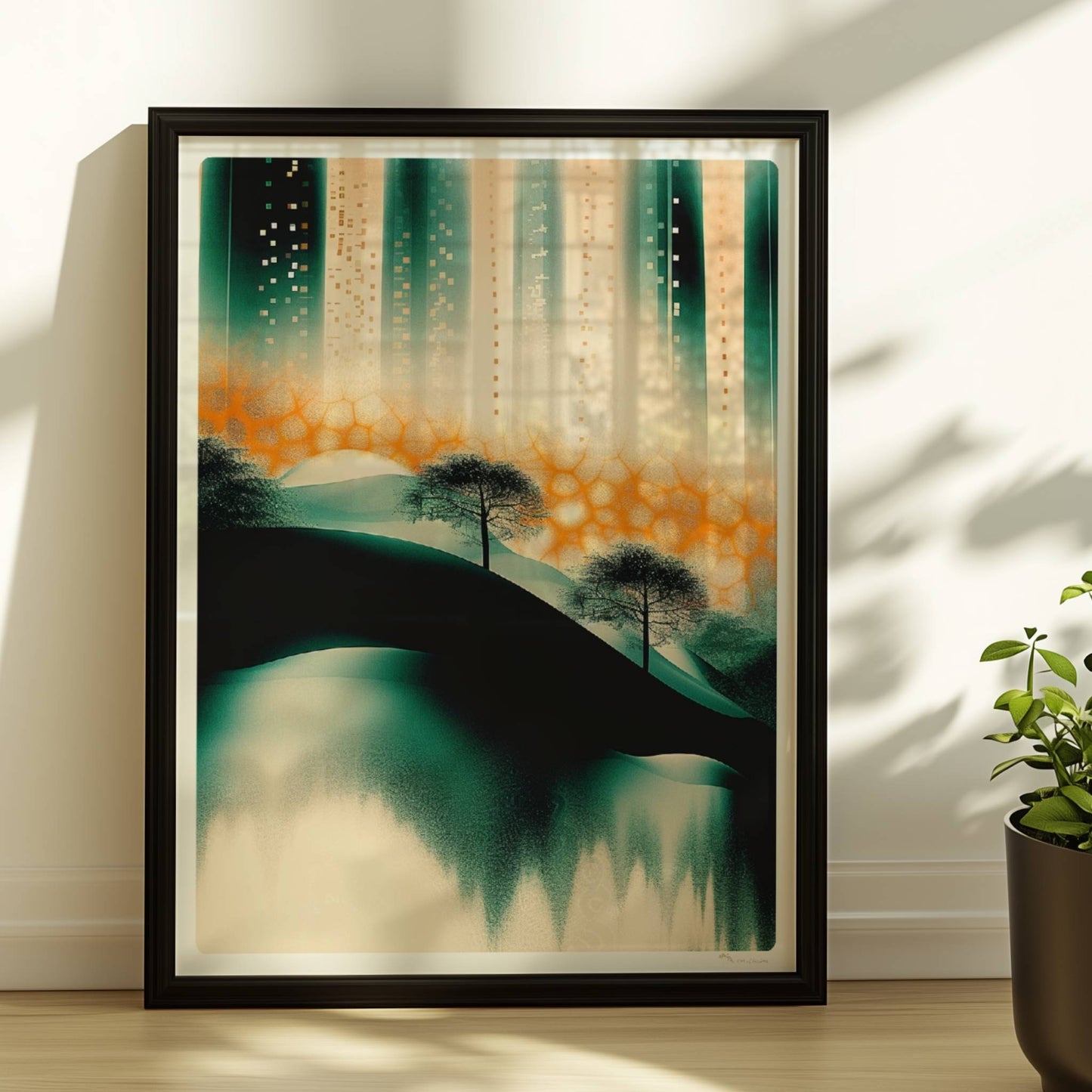 Futuristische urbane Oasenlandschaft, moderne Stadtansicht mit organischen Elementen. Rahmen schwarz 30x40