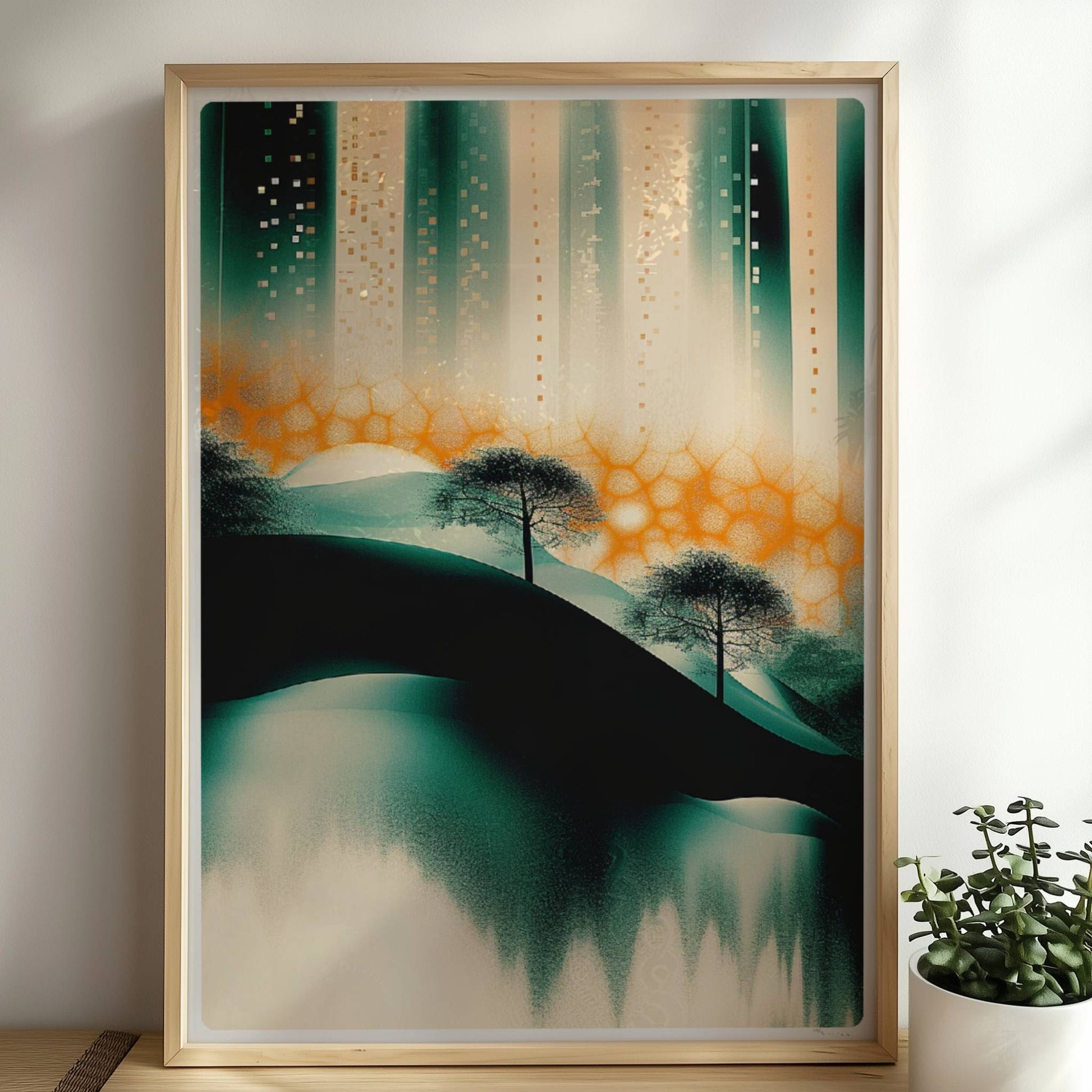 Futuristische urbane Oasenlandschaft, moderne Stadtansicht mit organischen Elementen. Rahmen natur 50x70