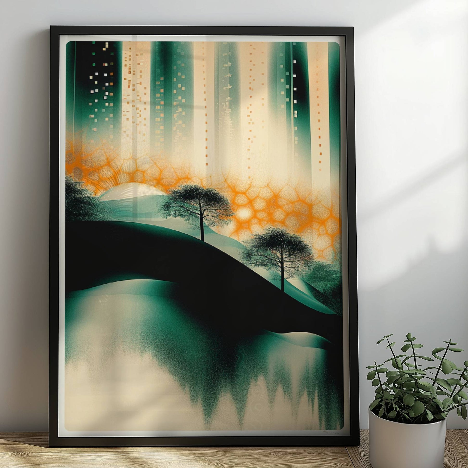 Futuristische urbane Oasenlandschaft, moderne Stadtansicht mit organischen Elementen. Rahmen schwarz 50x70