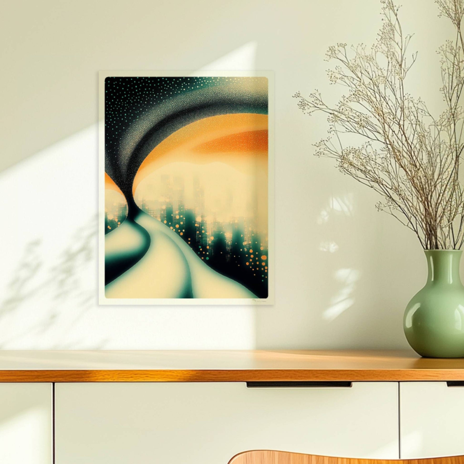Surreale Traumstadt, abstrakte Architektur mit verspielten Farbflächen. Ohne Rahmen 30x40