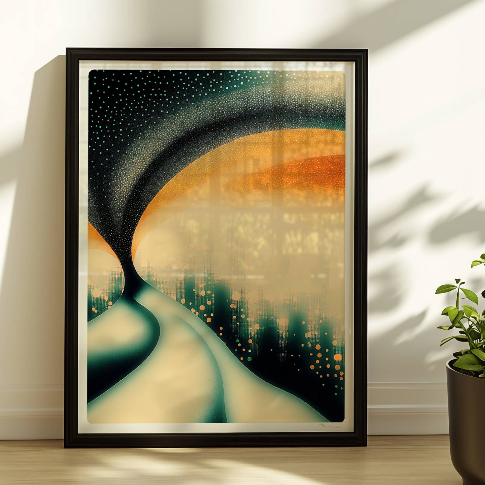 Surreale Traumstadt, abstrakte Architektur mit verspielten Farbflächen. Rahmen schwarz 30x40