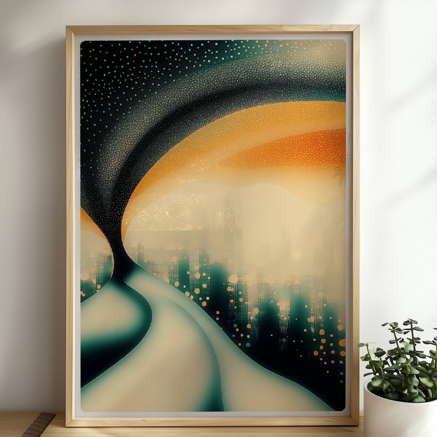 Surreale Traumstadt, abstrakte Architektur mit verspielten Farbflächen. Rahmen natur 50x70
