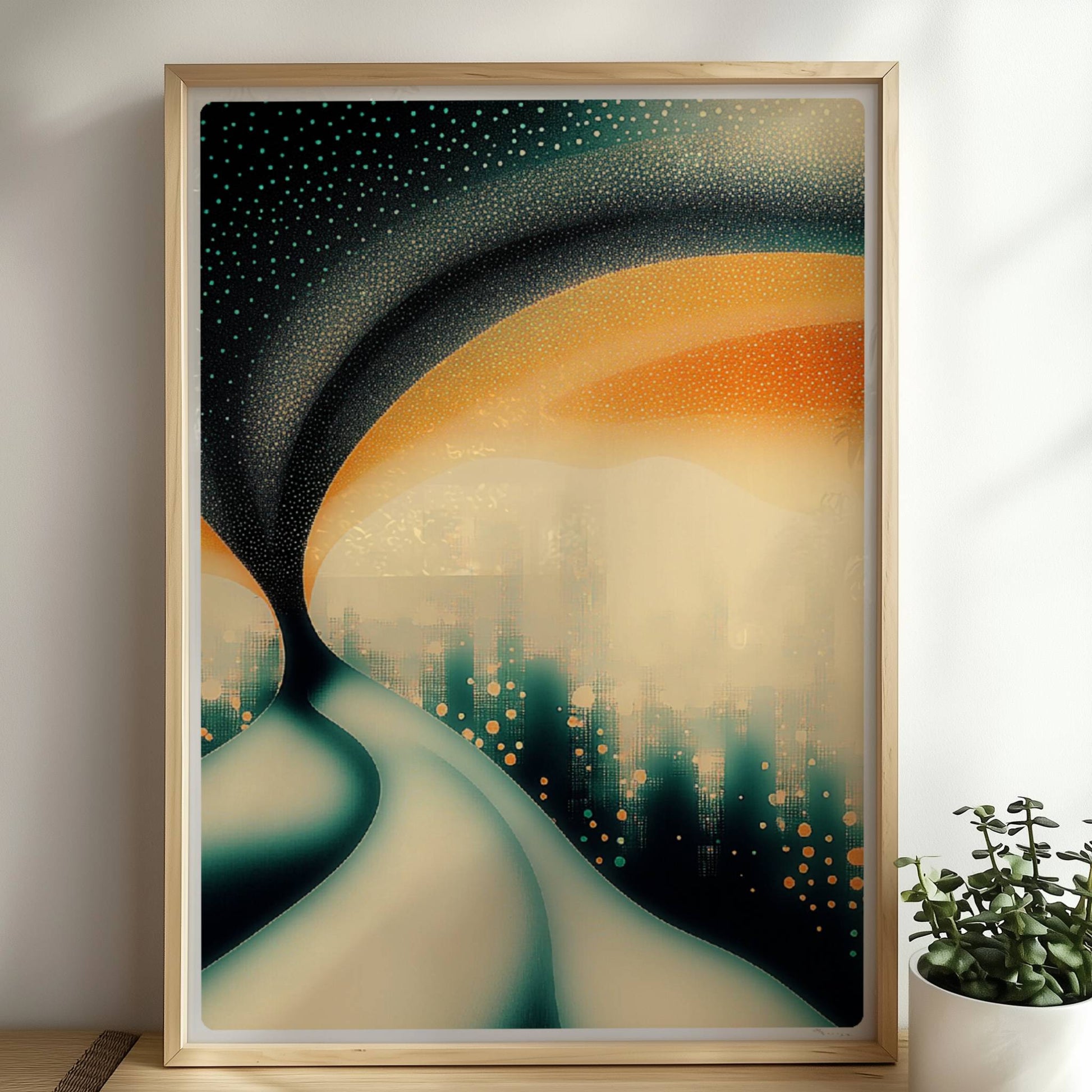 Surreale Traumstadt, abstrakte Architektur mit verspielten Farbflächen. Rahmen natur 50x70