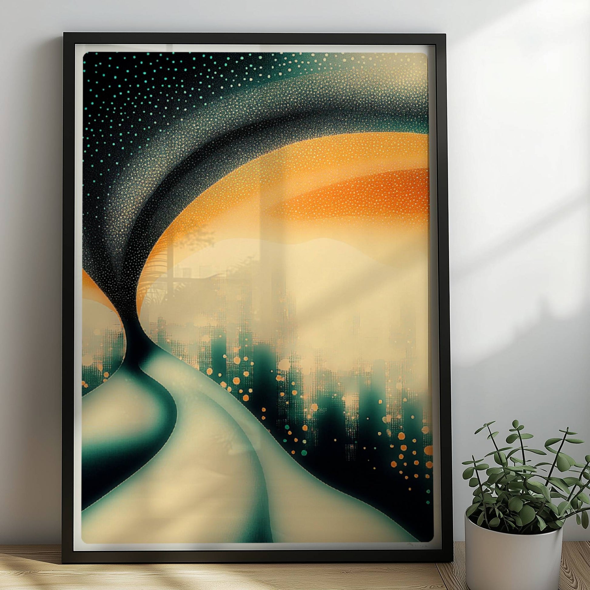 Surreale Traumstadt, abstrakte Architektur mit verspielten Farbflächen. Rahmen schwarz 50x70