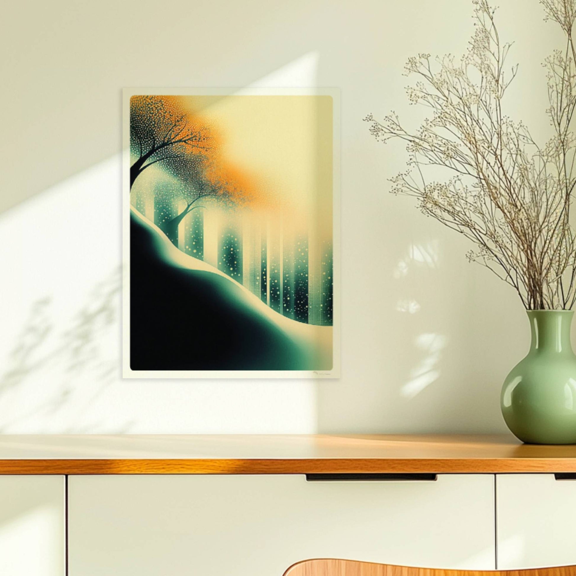 Ätherische Waldlicht-Landschaft, leuchtende Sonnenstrahlen im abstrakten Wald. Ohne Rahmen 30x40